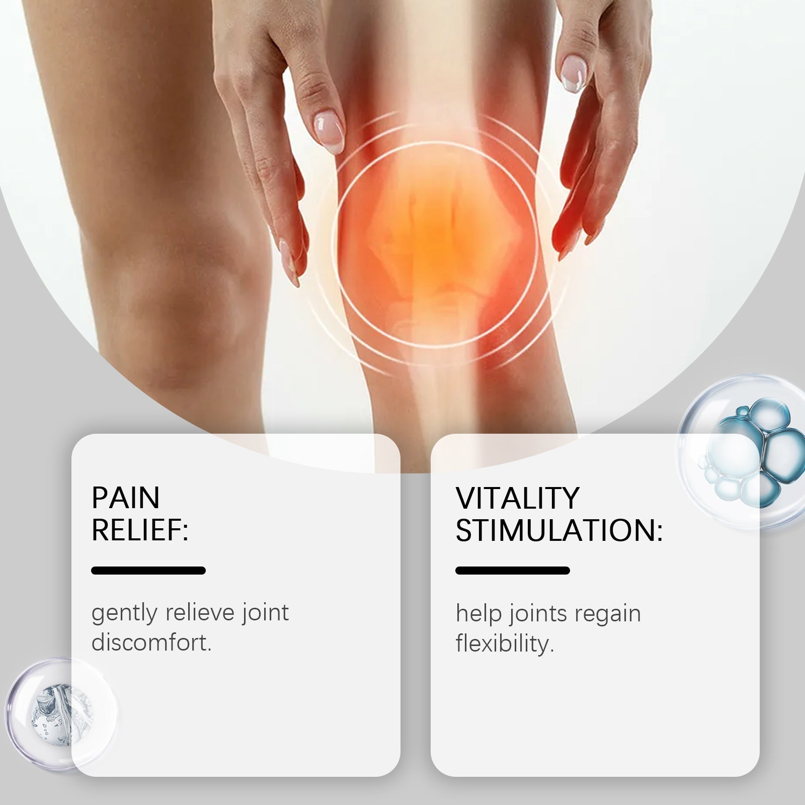 Knee pain visualization with heat map showing inflammation; two benefit cards: Pain Relief (gently relieve joint discomfort) and Vitality Stimulation (help joints regain flexibility); bee venom ingredient drops visible