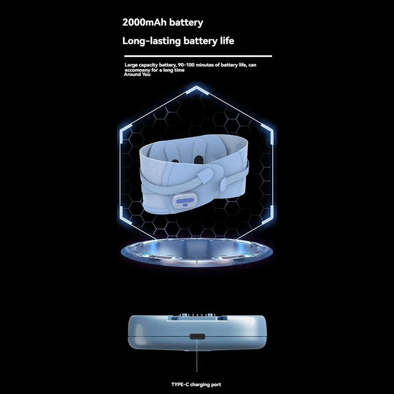 Product specifications highlighting 2000mAh battery capacity, 90-100 minute battery life, TYPE-C charging port, and hexagonal tech design
