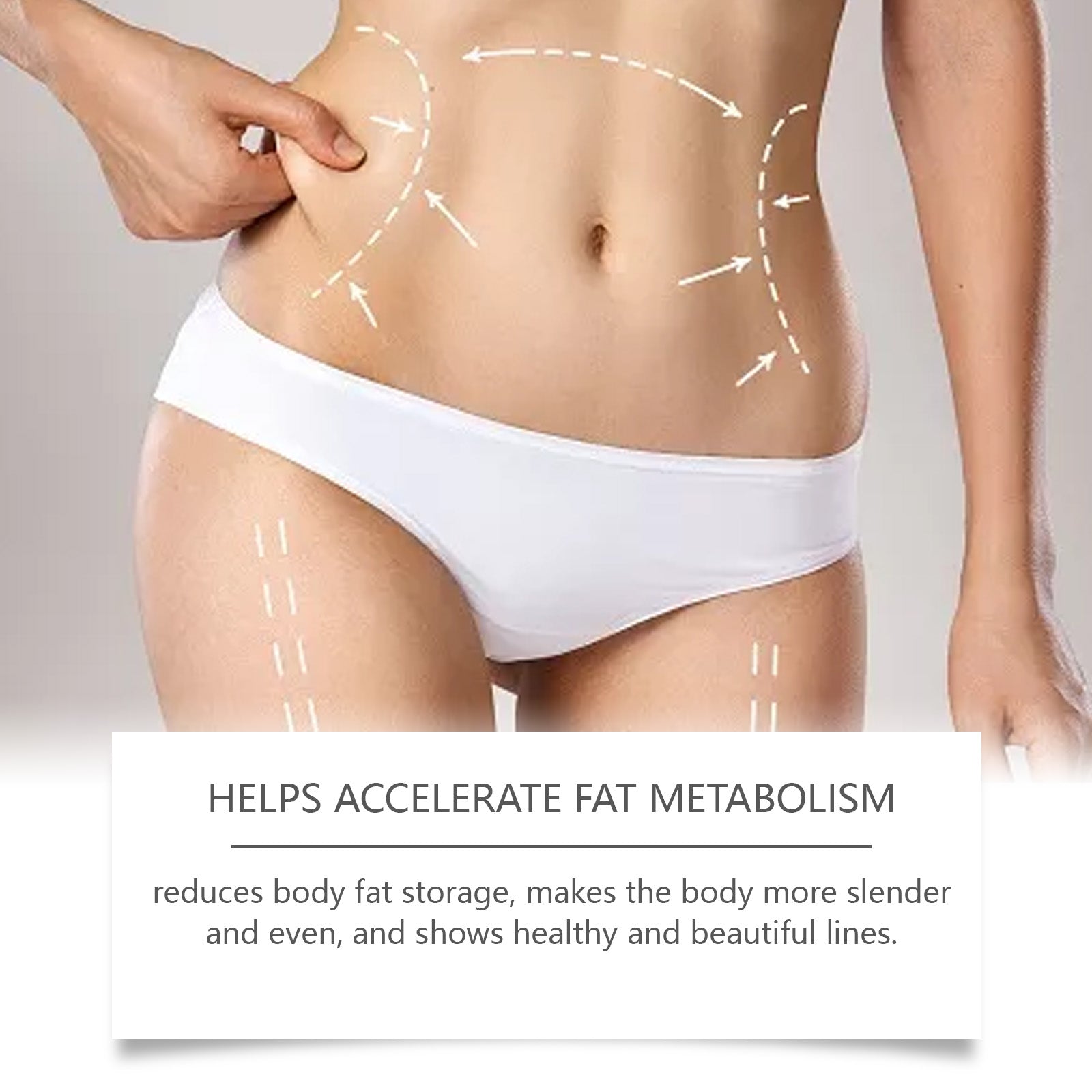 Woman's lower body with fat reduction targeting arrows and text stating fat metabolism acceleration results