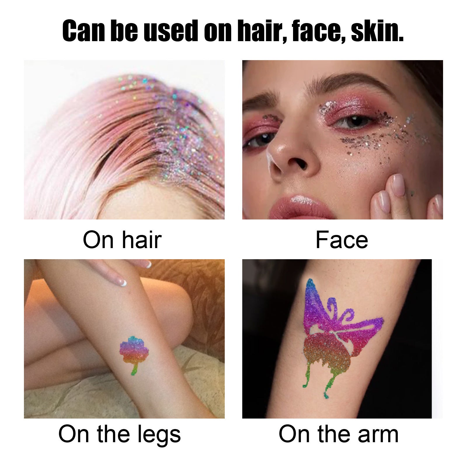 Woman's face with elaborate multicolor glitter eye makeup and neck glitter application