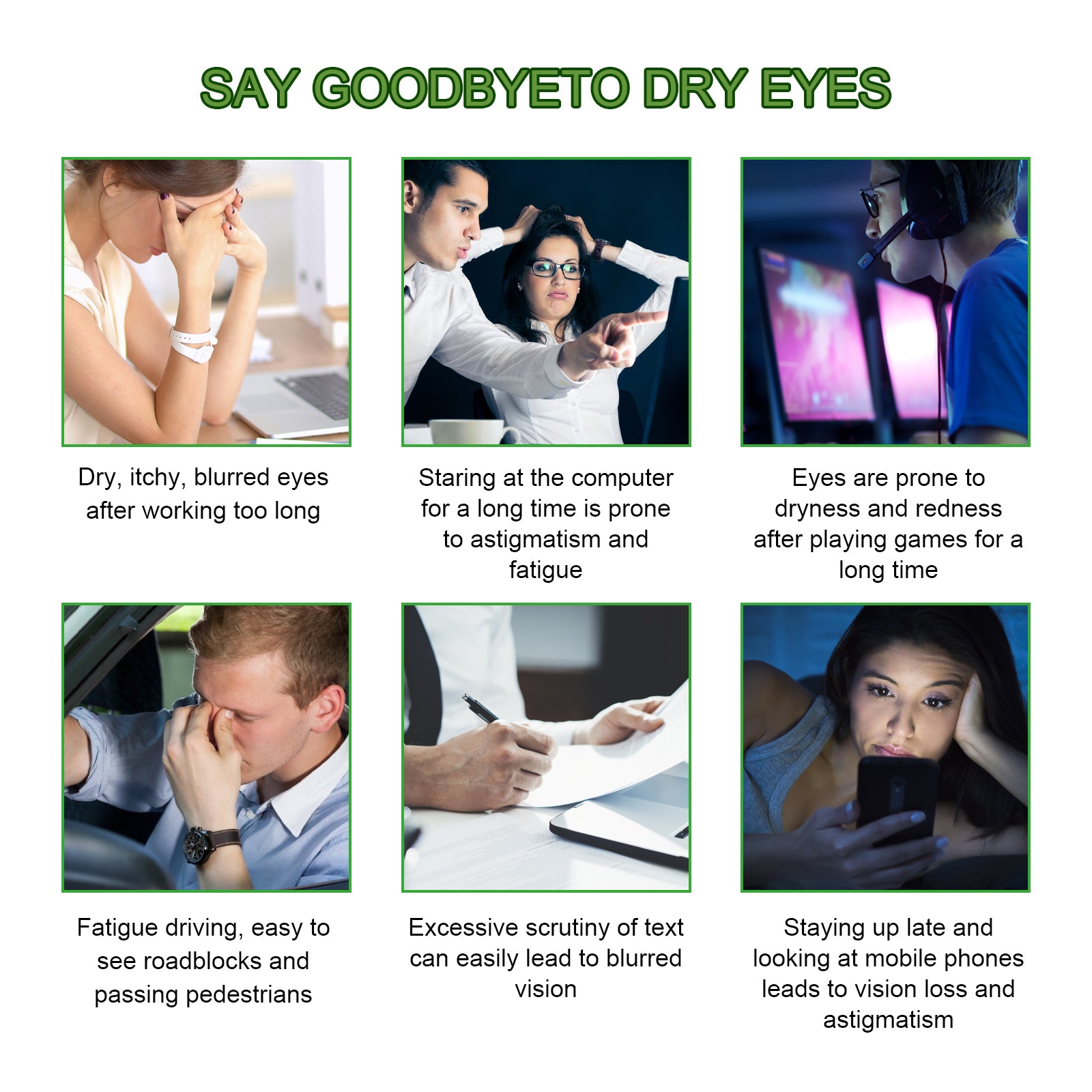Grid of 6 lifestyle images showing common eye strain scenarios: office work fatigue, computer use, gaming, driving, reading, mobile phone use at night