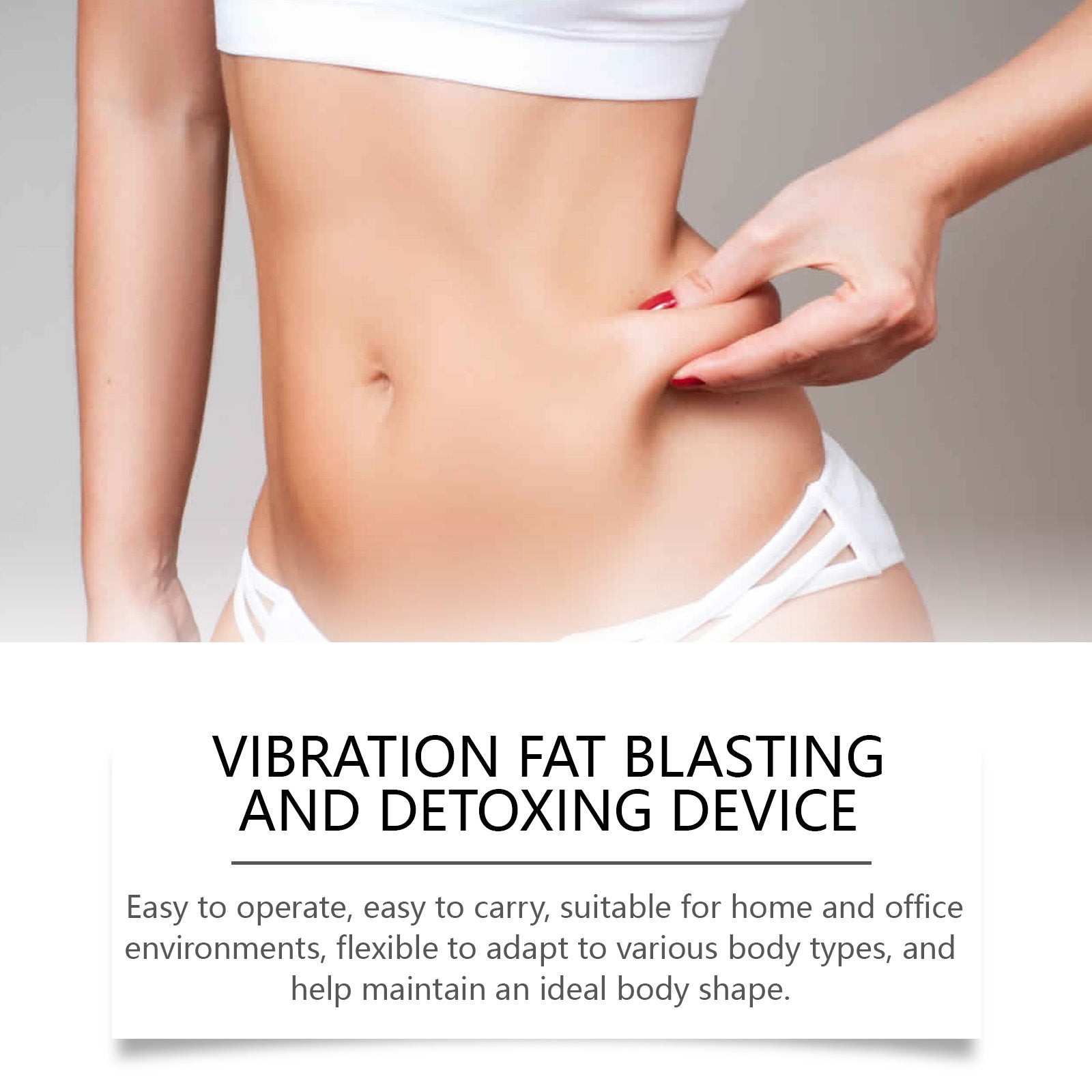 Device on torso with orange and blue energy rings and text callouts for vibration massage and comprehensive slimming benefits