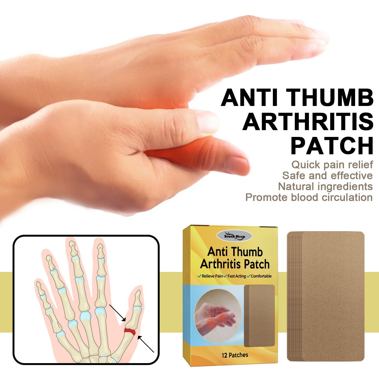 Woman applying patch to thumb with overlay text emphasizing quick pain relief and natural ingredients benefits