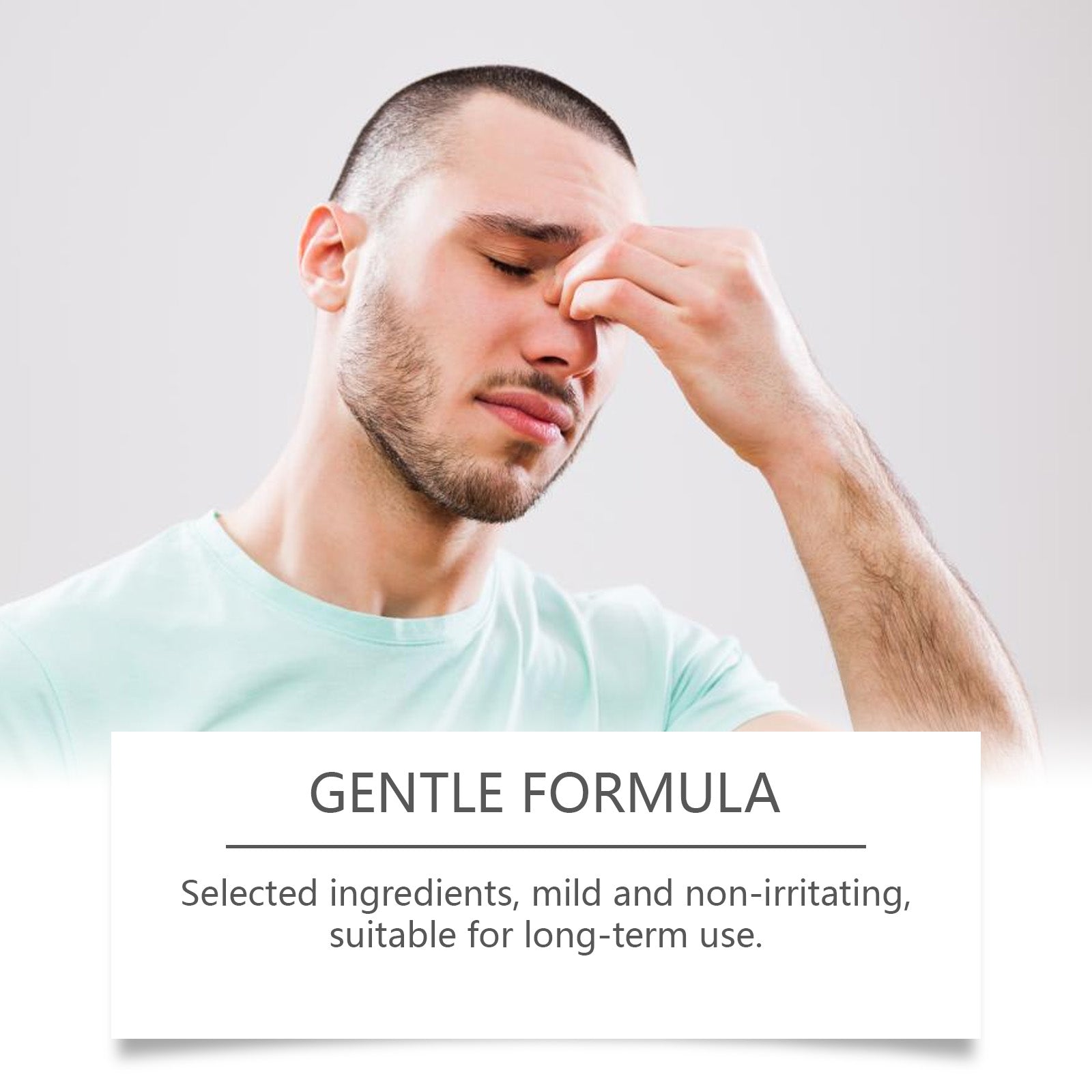 Man's profile showing application comfort with 'Gentle Formula' messaging below