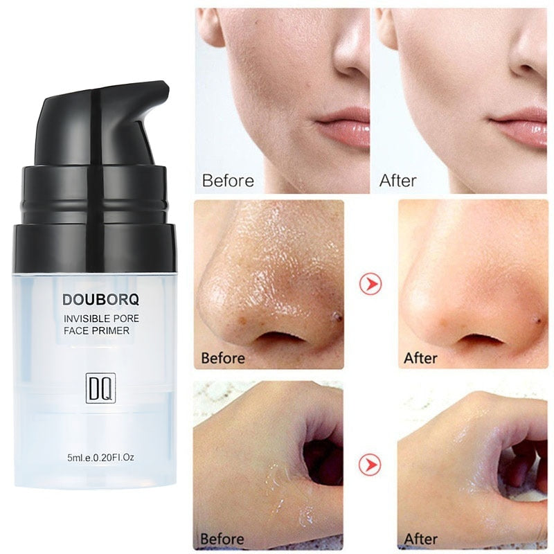 Product box and bottle showing DOUBORQ Invisible Pore Face Primer with black and white minimalist design