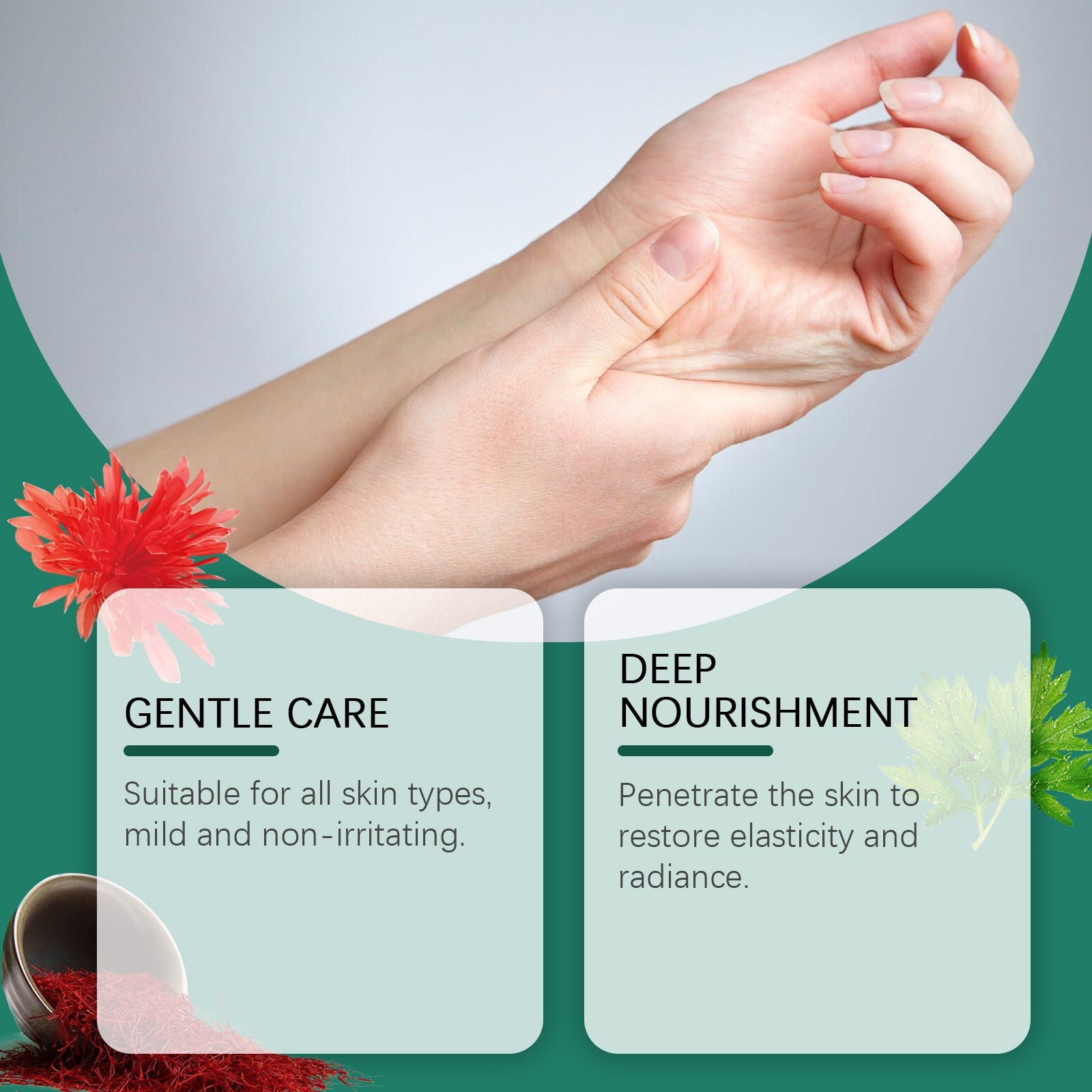 Close-up of hands showing smooth, hydrated skin with visible radiance; red flower and green herb styling; text callouts for Gentle Care and Deep Nourishment