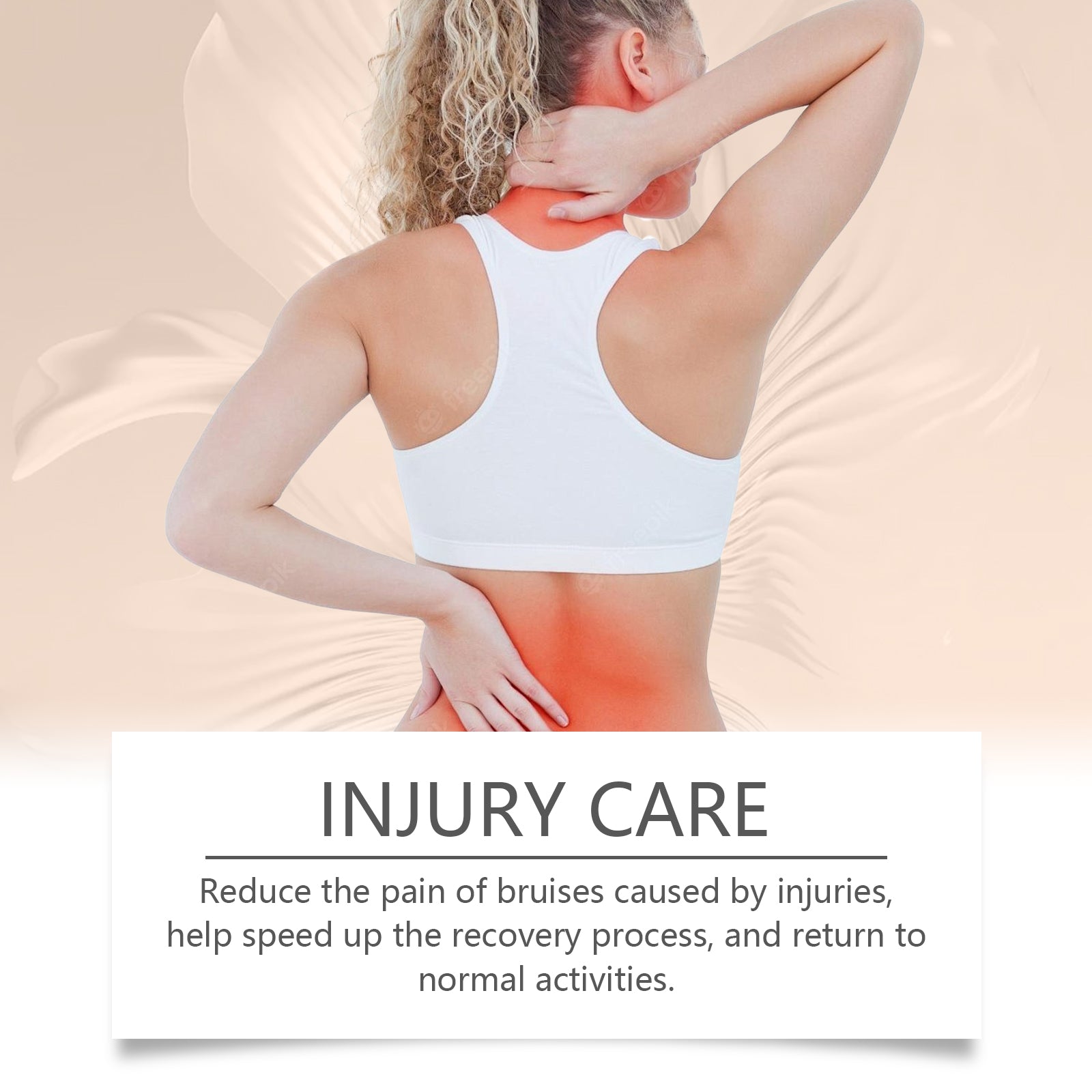 Man in white shirt displaying neck and lower back pain areas highlighted in red, with text boxes describing deep relaxation and fatigue relief benefits