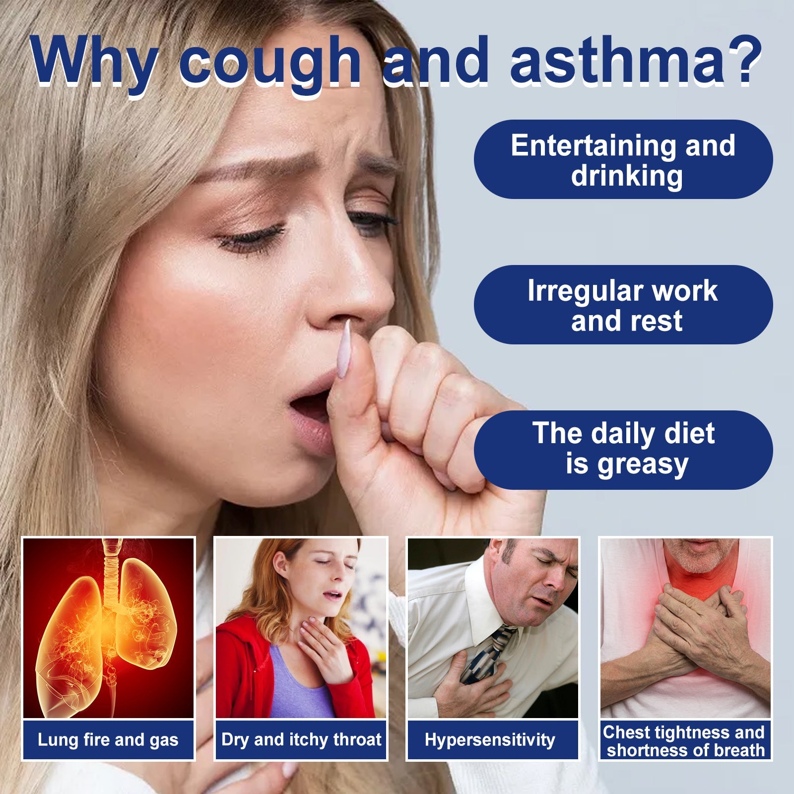 Educational infographic showing causes of cough/asthma (entertainment/drinking, irregular rest, greasy diet) with visual health conditions (lung inflammation, dry throat, hypersensitivity, chest tightness)