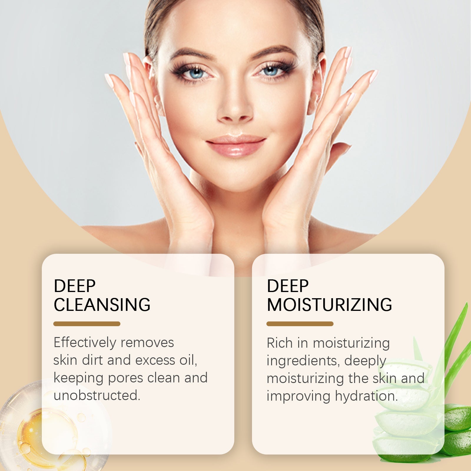 Infographic listing four key benefits with beautiful woman demonstrating clear, glowing skin