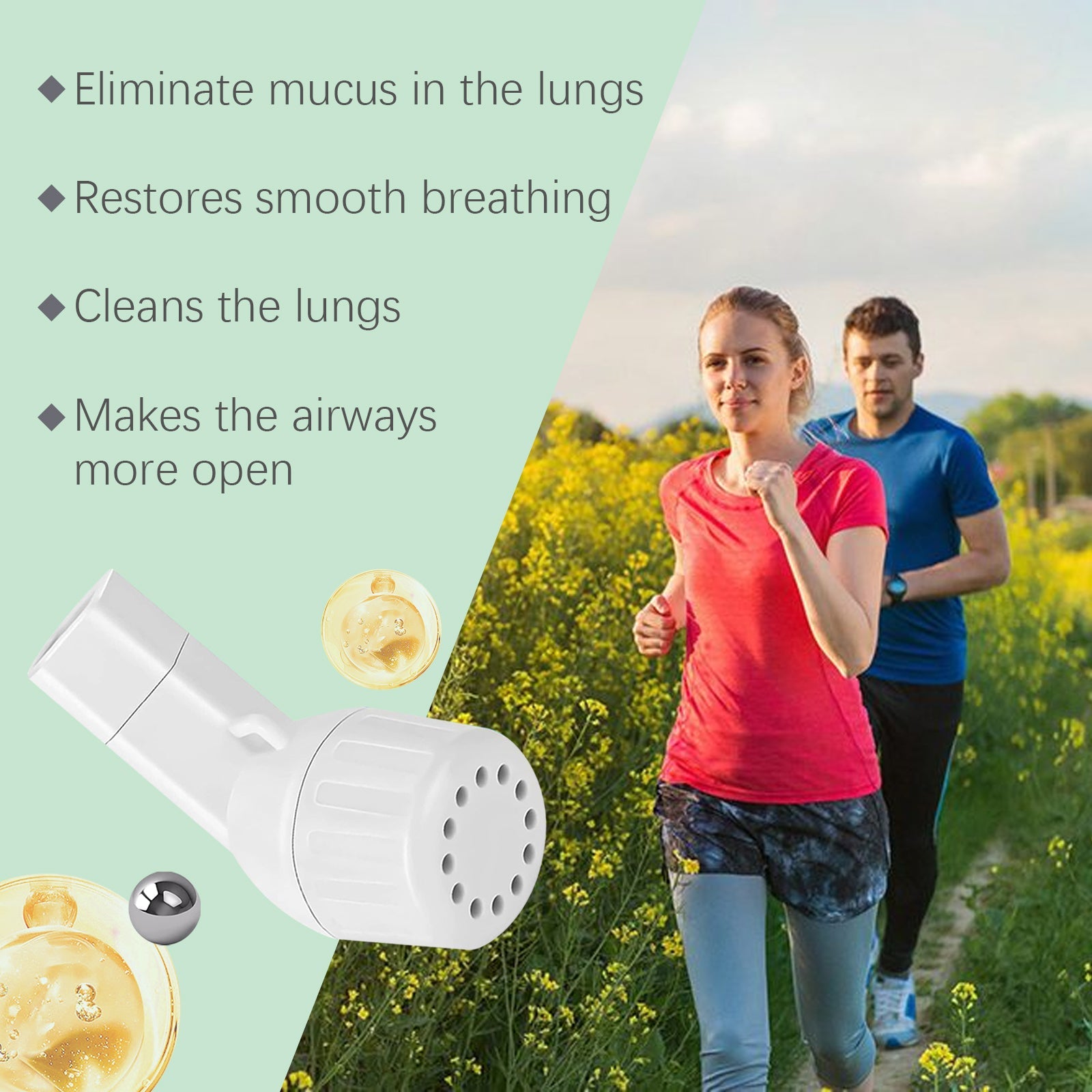 Active couple jogging in yellow field with bullet points: eliminate mucus, restore breathing, clean lungs, open airways