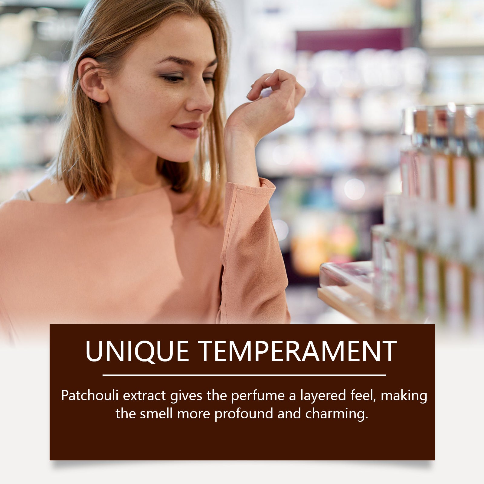Woman applying fragrance in retail pharmacy setting with text highlighting unique temperament and patchouli extract layered composition