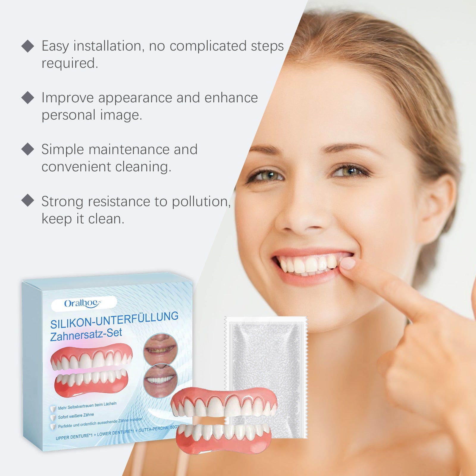 Young woman smiling with product packaging, surrounded by benefit statements