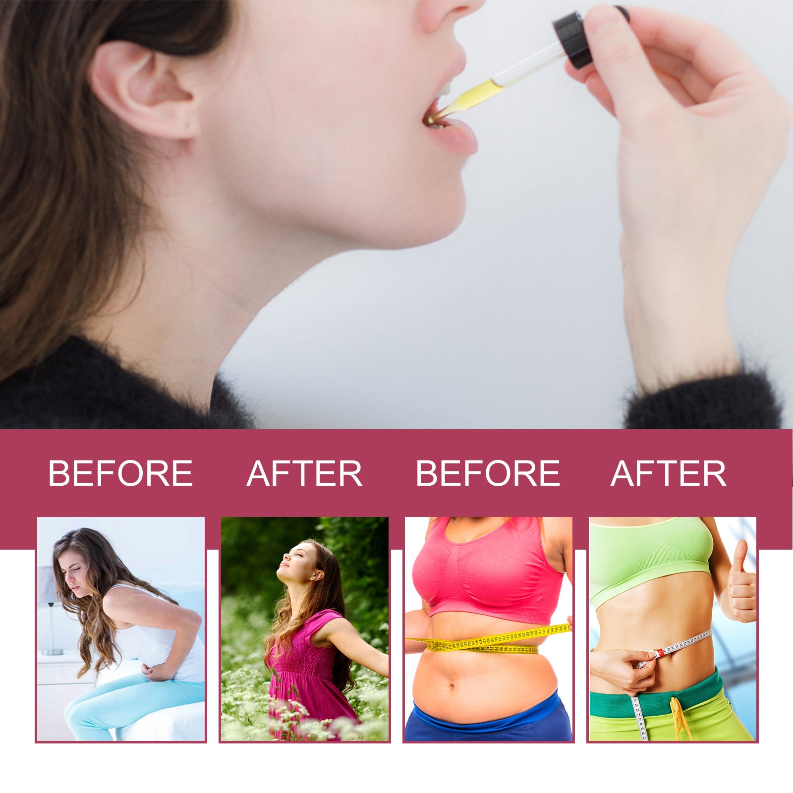 Multiple before/after lifestyle comparisons showing women with fatigue/discomfort versus active, fit, energetic poses; dropper usage demonstration