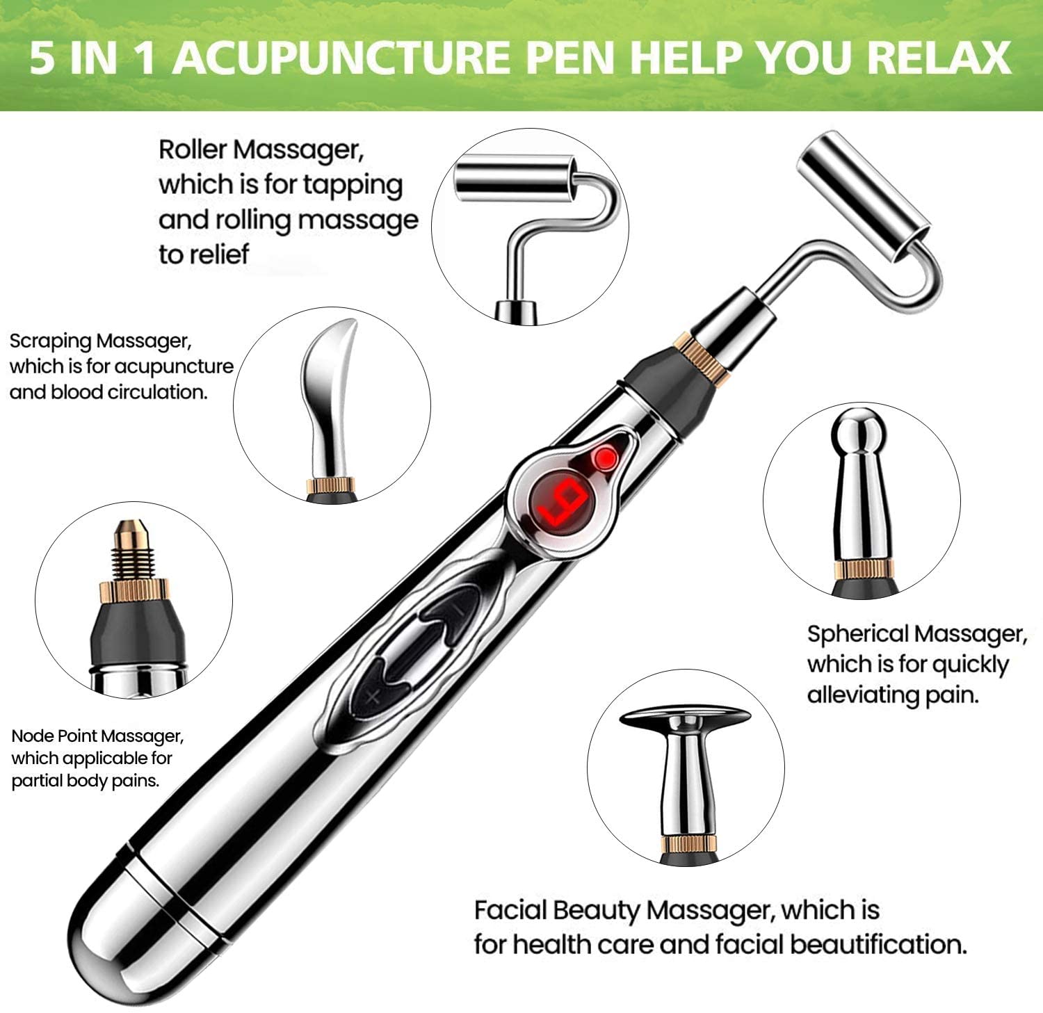 Green banner showing '5 IN 1 ACUPUNCTURE PEN HELP YOU RELAX' with labeled circular detail callouts of each massage head function
