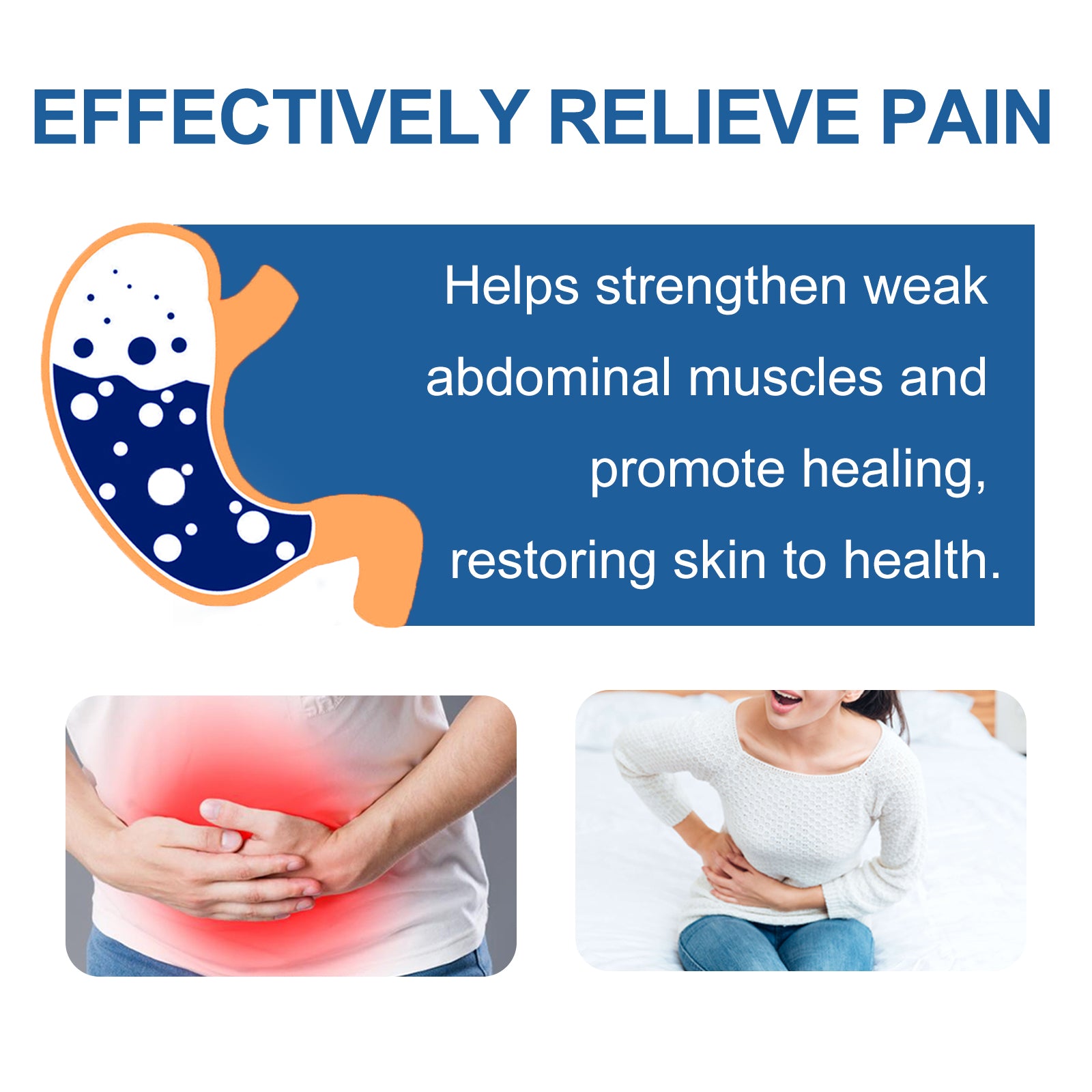 Educational infographic with 'EFFECTIVELY RELIEVE PAIN' header, anatomical stomach illustration, and benefit statement with pain condition examples