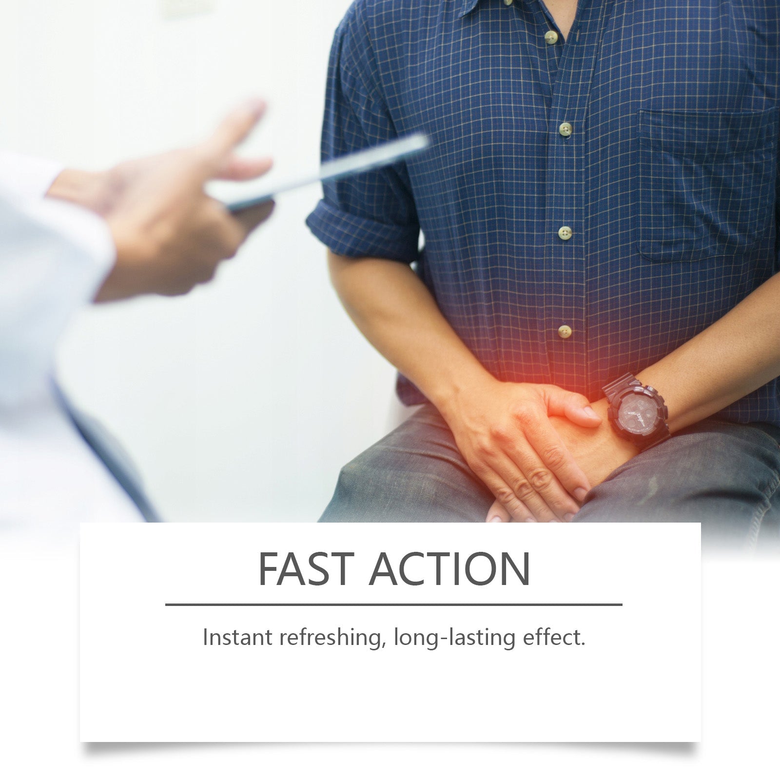 Doctor or healthcare professional recommending spray to patient with text 'Fast Action' and 'Instant refreshing, long-lasting effect'