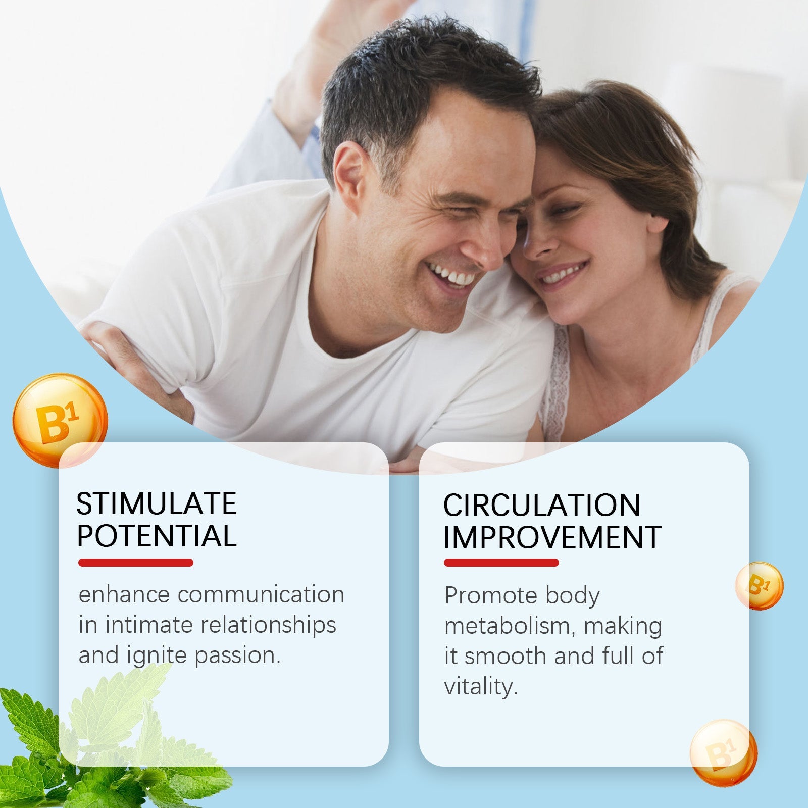 Happy intimate couple with product packaging and B+ vitamin icons on dynamic blue background with herbal leaf graphics