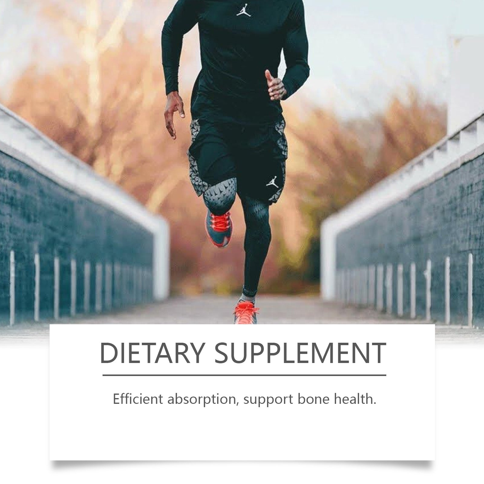 Female runner in athletic gear on bridge with tagline 'Efficient absorption, support bone health'
