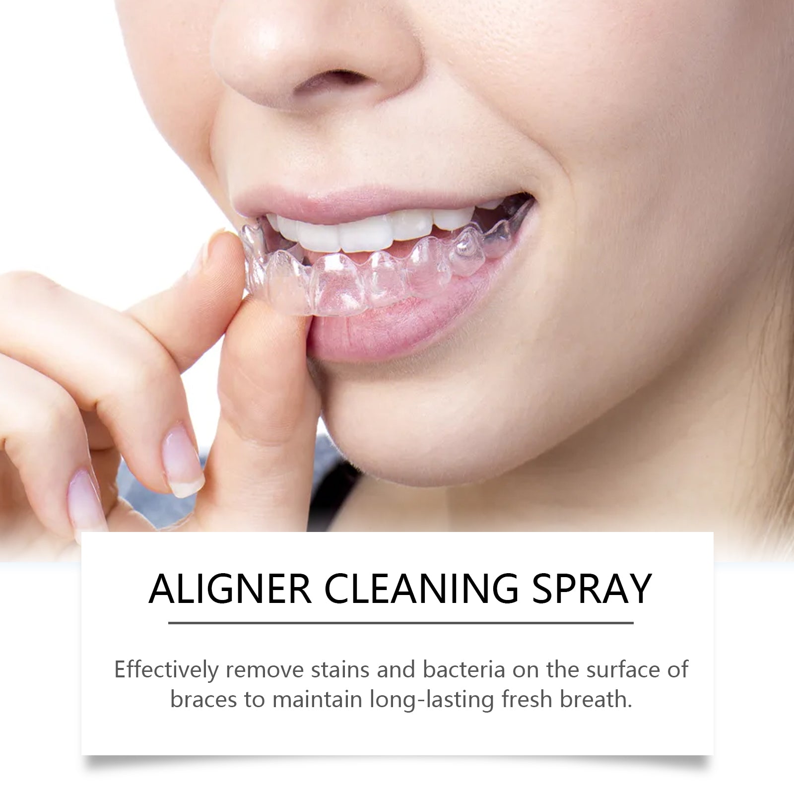 Close-up of clear aligner being inserted into mouth, showing stain removal and bacterial cleanliness