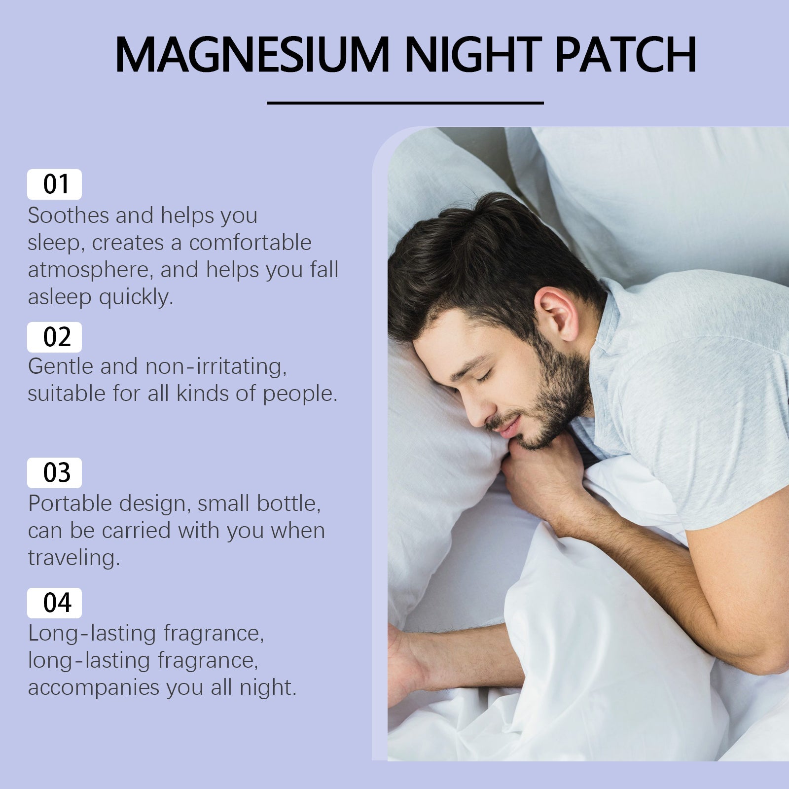Detailed feature breakdown with four key benefits and man sleeping peacefully