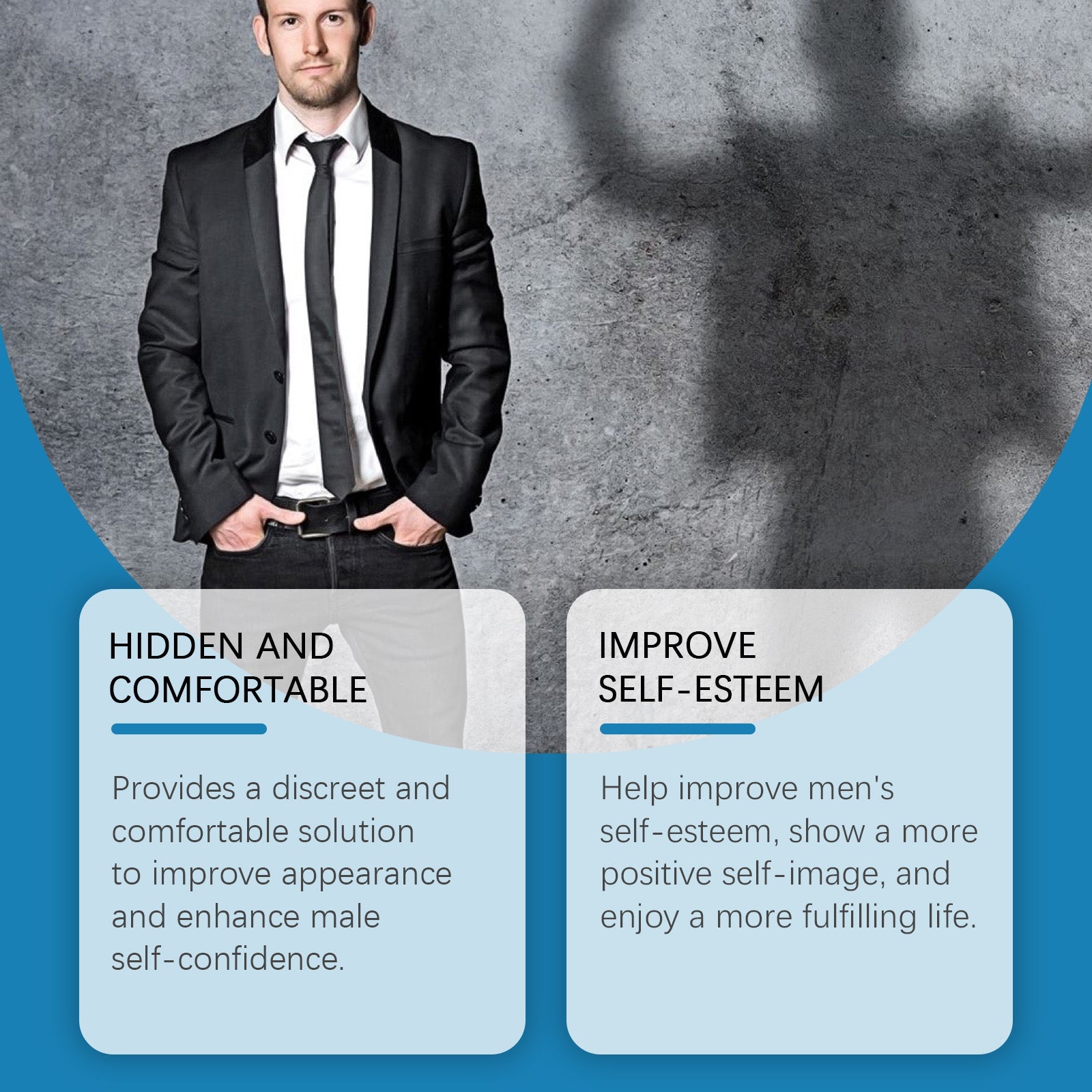 Professional man in business suit with benefit callouts