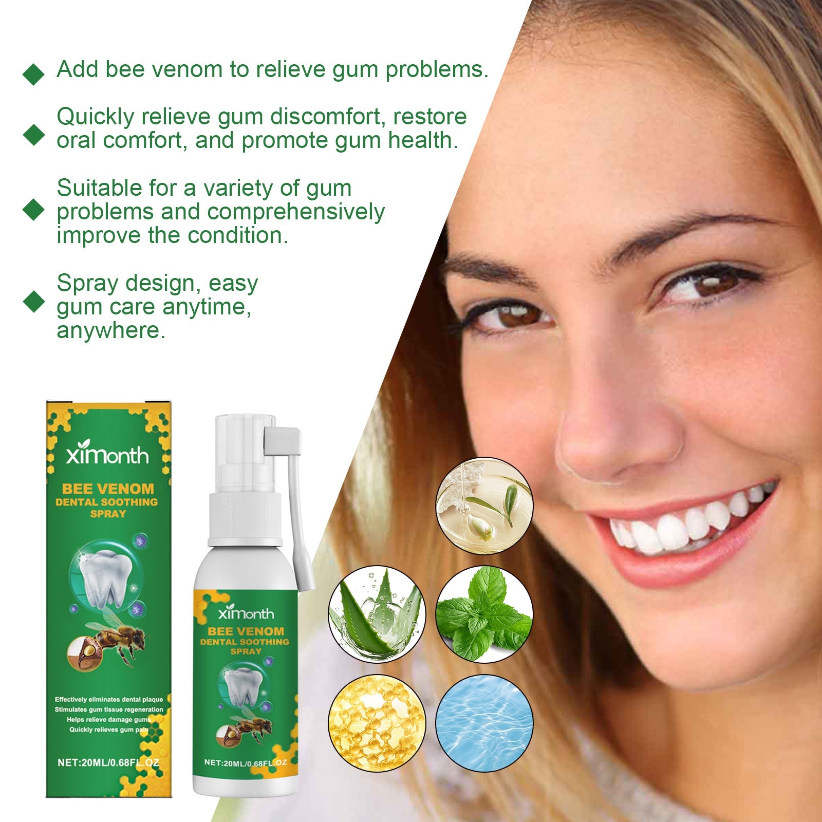 Woman with radiant smile and text callouts describing bee venom benefits with ingredient circles: bee venom, mint, aloe vera, honey, and water