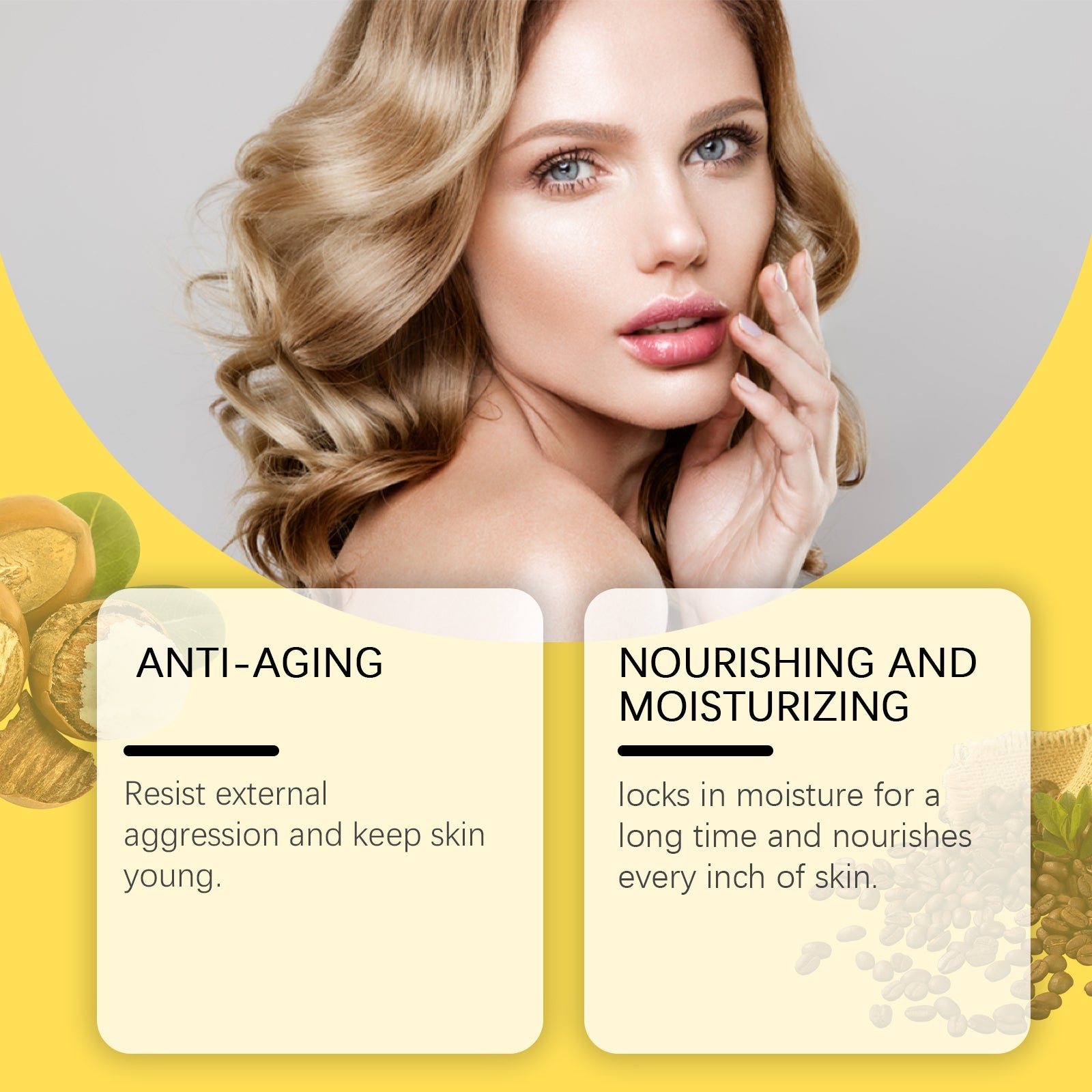 Smiling woman with glowing, lifted skin and visible elasticity against yellow background with text 'IMPROVE ELASTICITY'