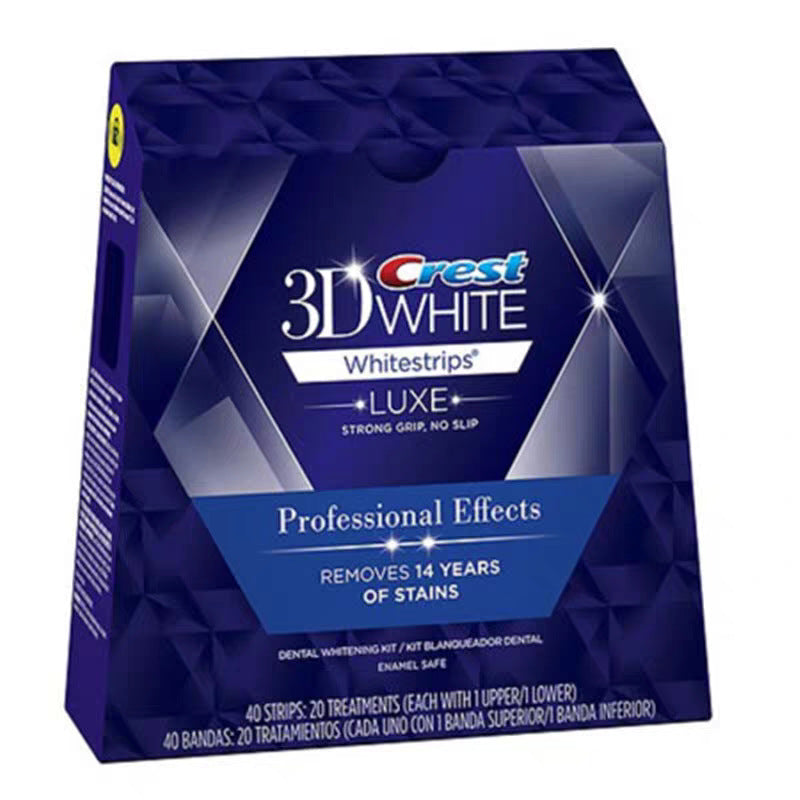 Angled view of Crest 3D White Luxe Whitestrips box with Removes 14 Years of Stains claim prominently displayed