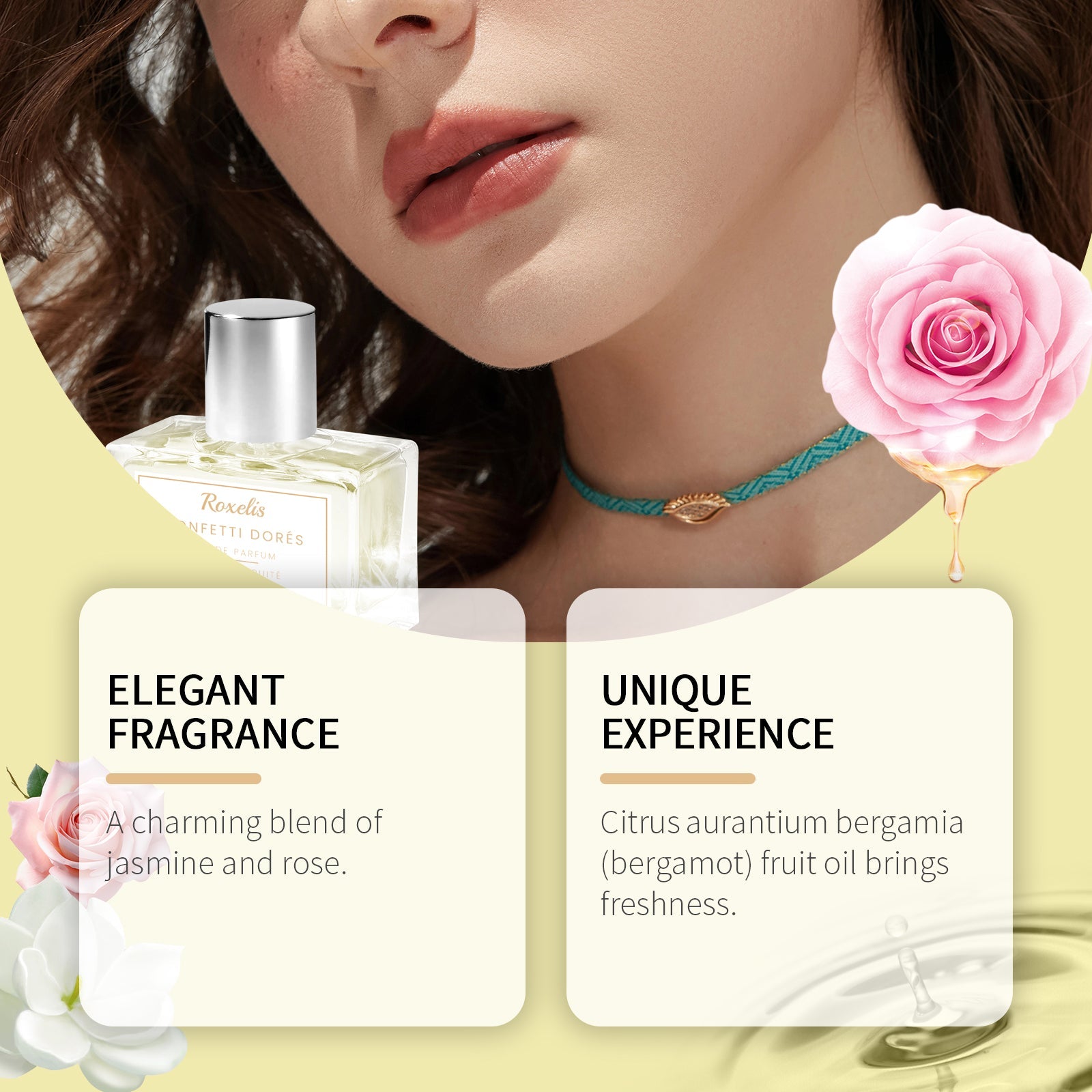 Close-up of woman's face with fragrance bottle and pink rose; callout boxes describing elegant floral fragrance and unique bergamot citrus experience