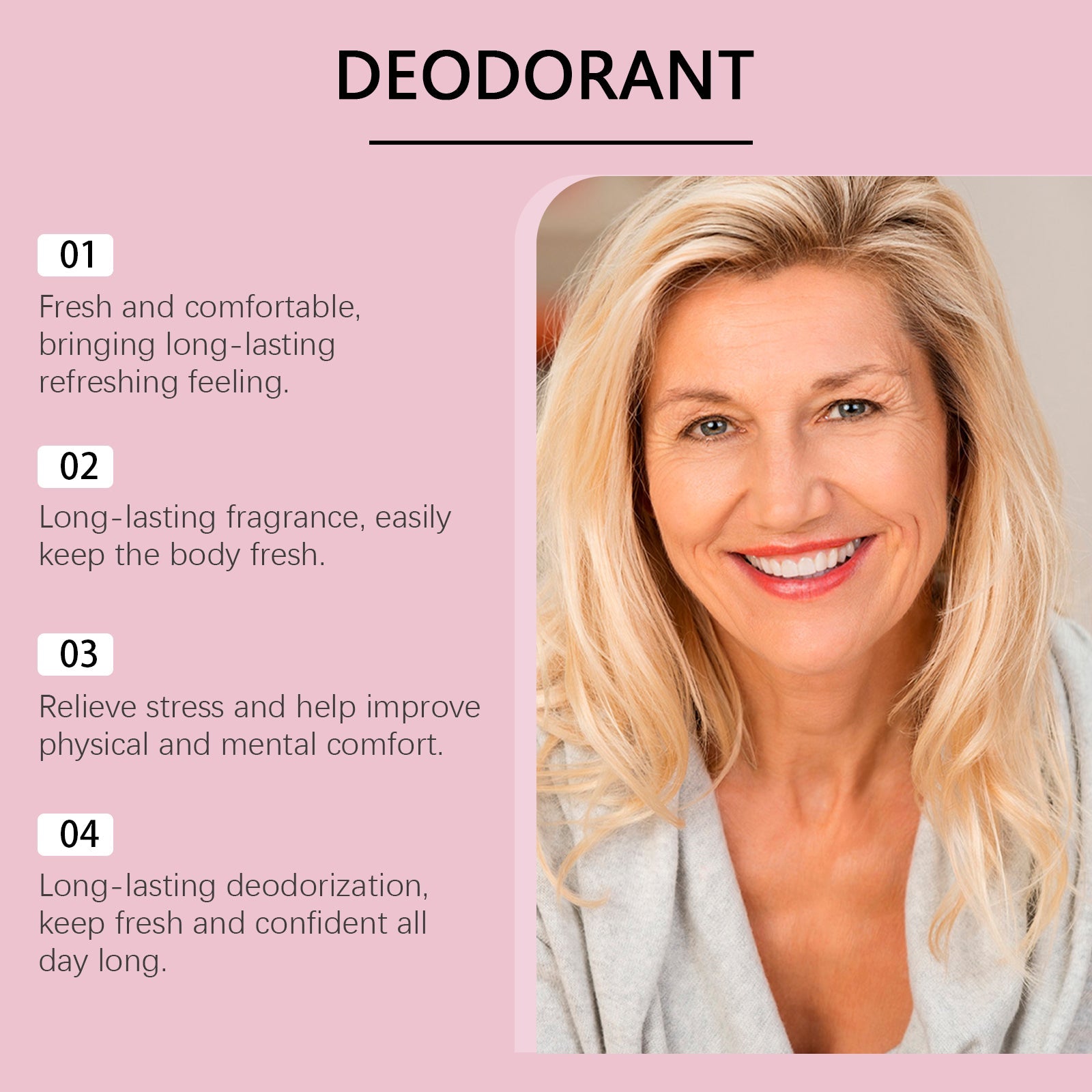 Four numbered benefits highlighting freshness, long-lasting fragrance, stress relief, and all-day deodorization with woman portrait