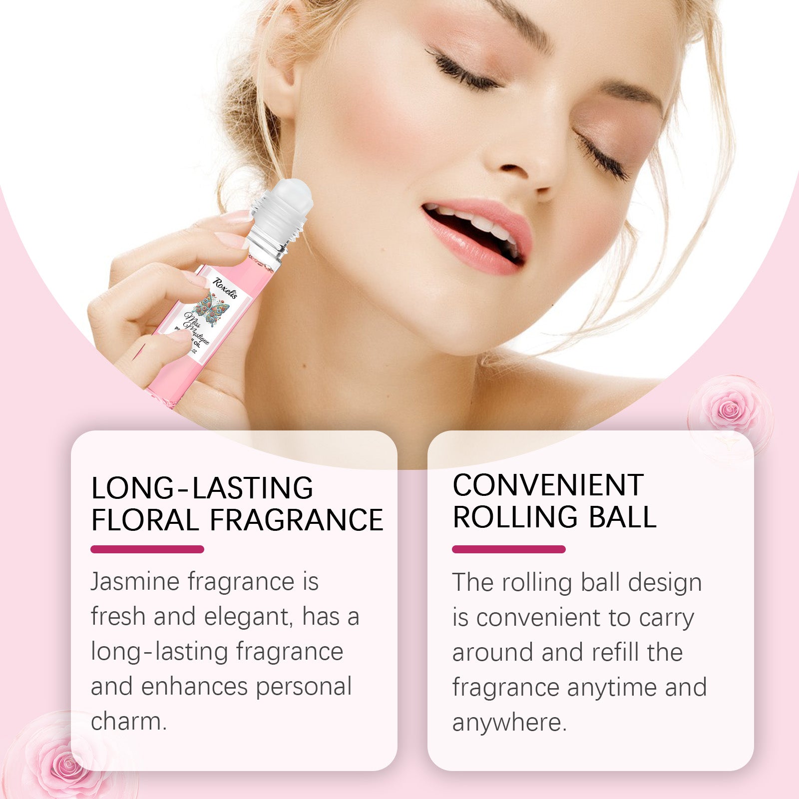 Woman applying perfume oil to neck with product bottle visible; text highlighting long-lasting floral fragrance and convenient rolling ball design