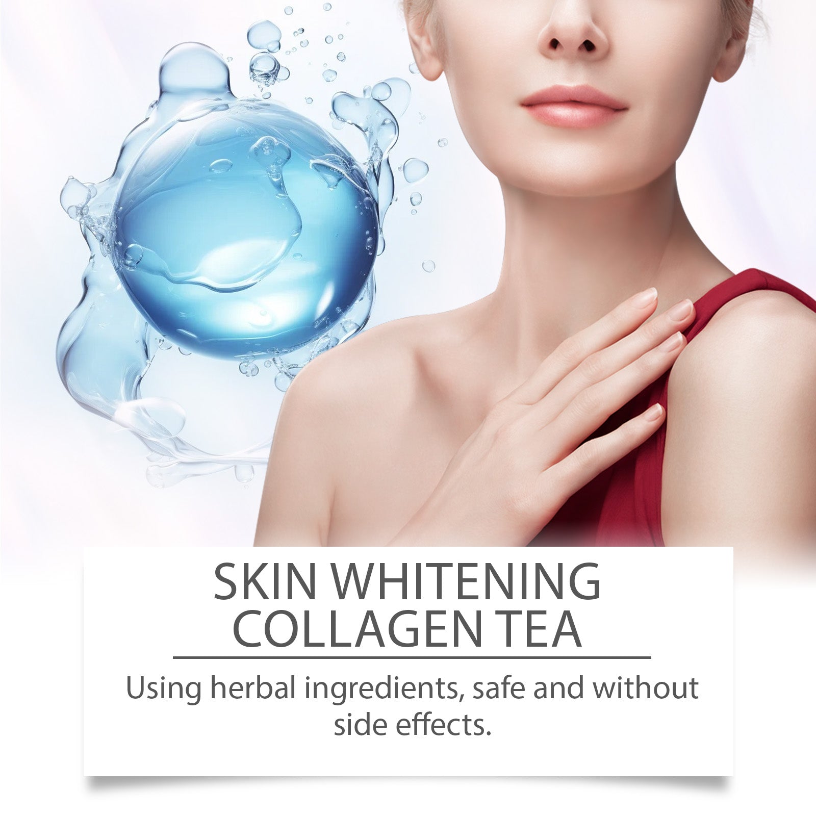 Woman's face with water droplet splash effect and text 'Skin Whitening Collagen Tea - Using herbal ingredients, safe and without side effects'
