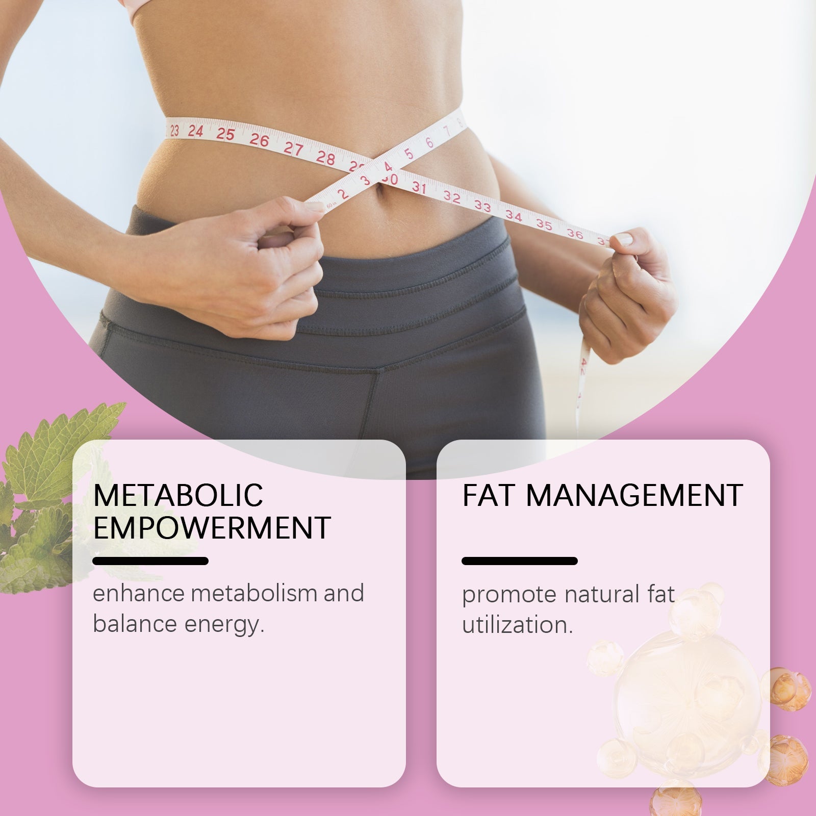 Woman measuring waist with measuring tape and detail cards showing metabolic empowerment and fat management benefits with ginger root imagery