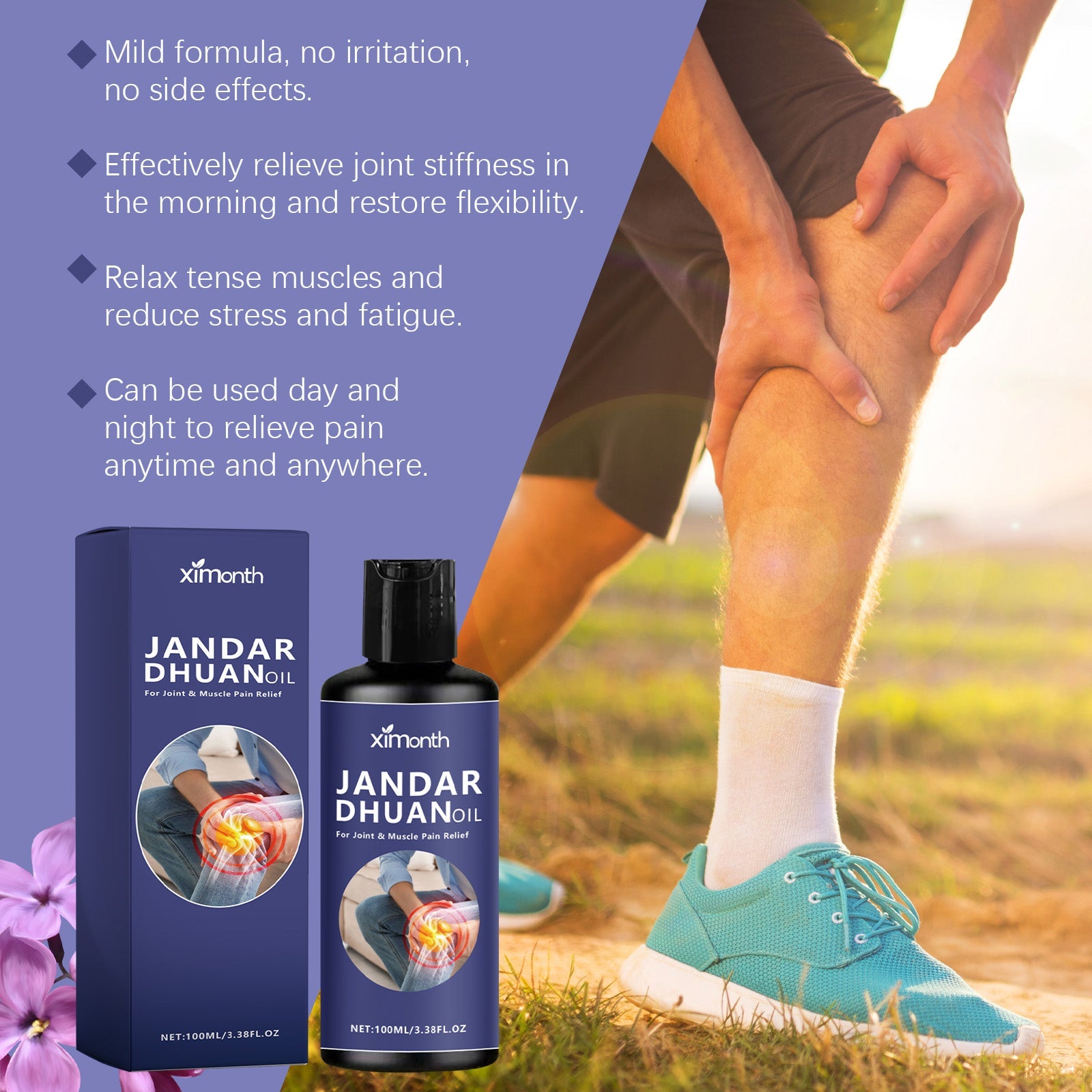 Product packaging with packaging and bottle alongside male athlete stretching calf muscle outdoors with bullet points listing benefits