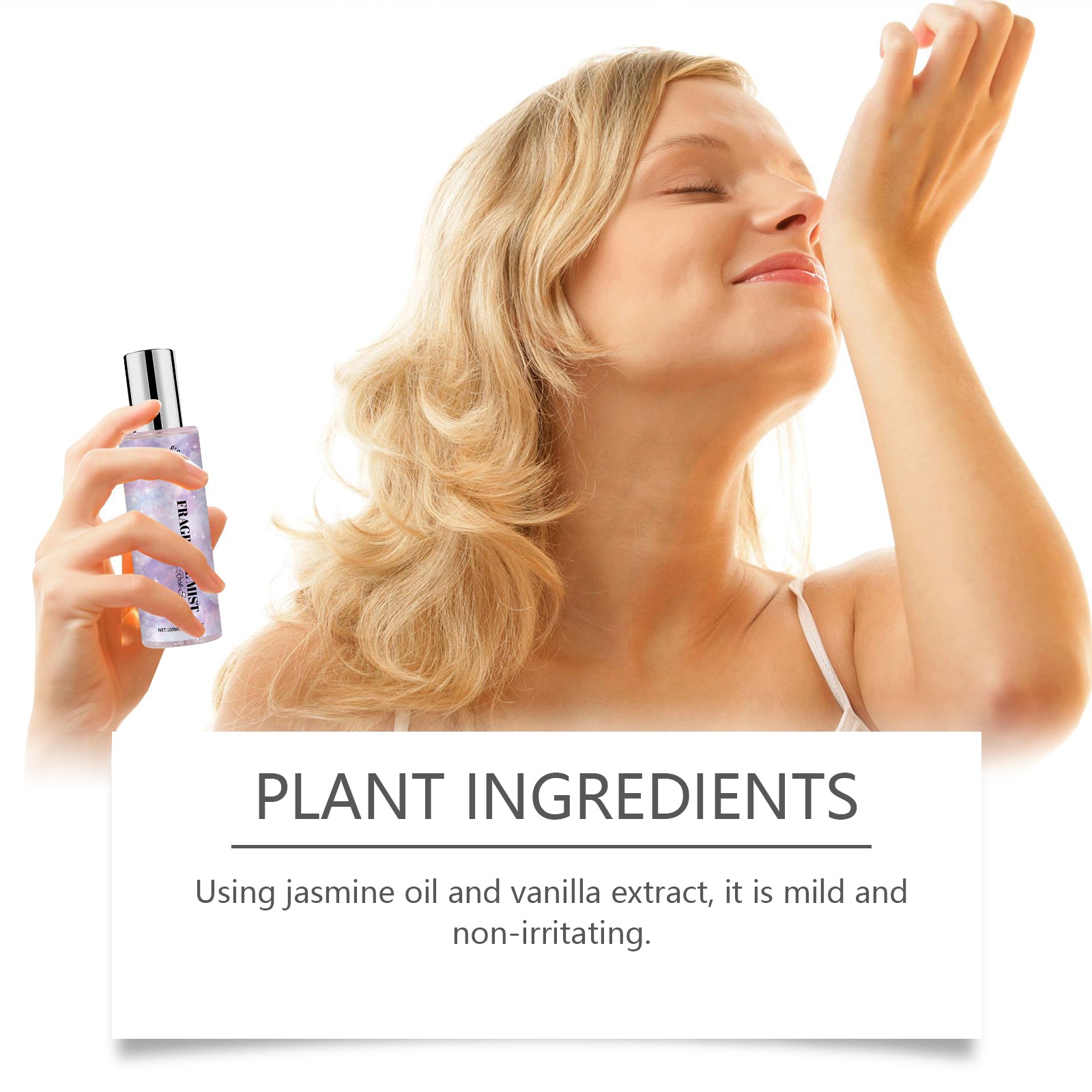 Young woman with glowing skin and full hair displaying the fragrance mist; secondary before/after thumbnails showing skin clarity improvement