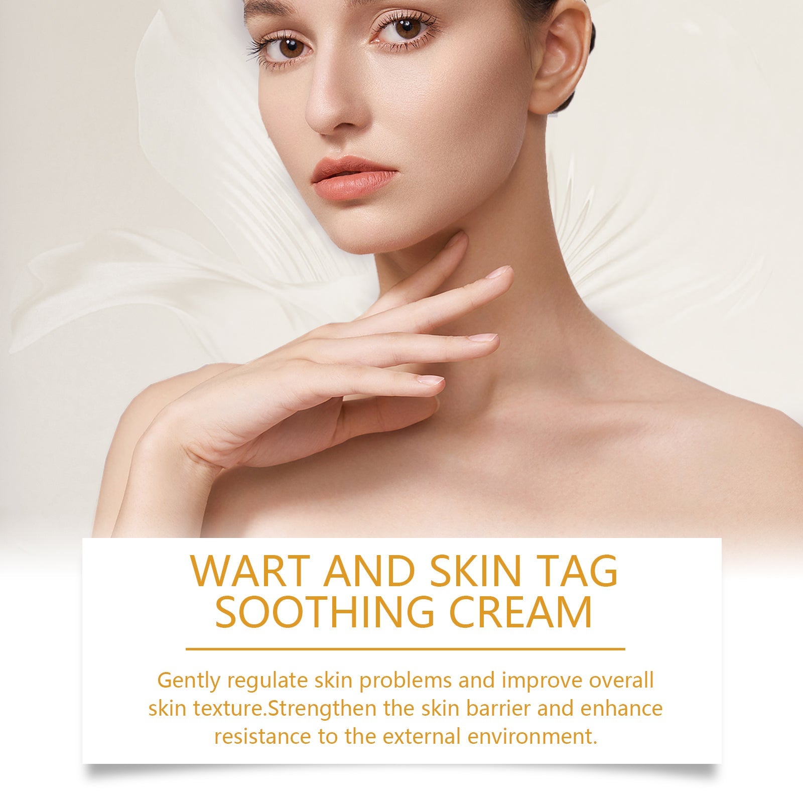 Close-up of woman's clear, blemish-free neck and jawline with product name and benefit description in orange text