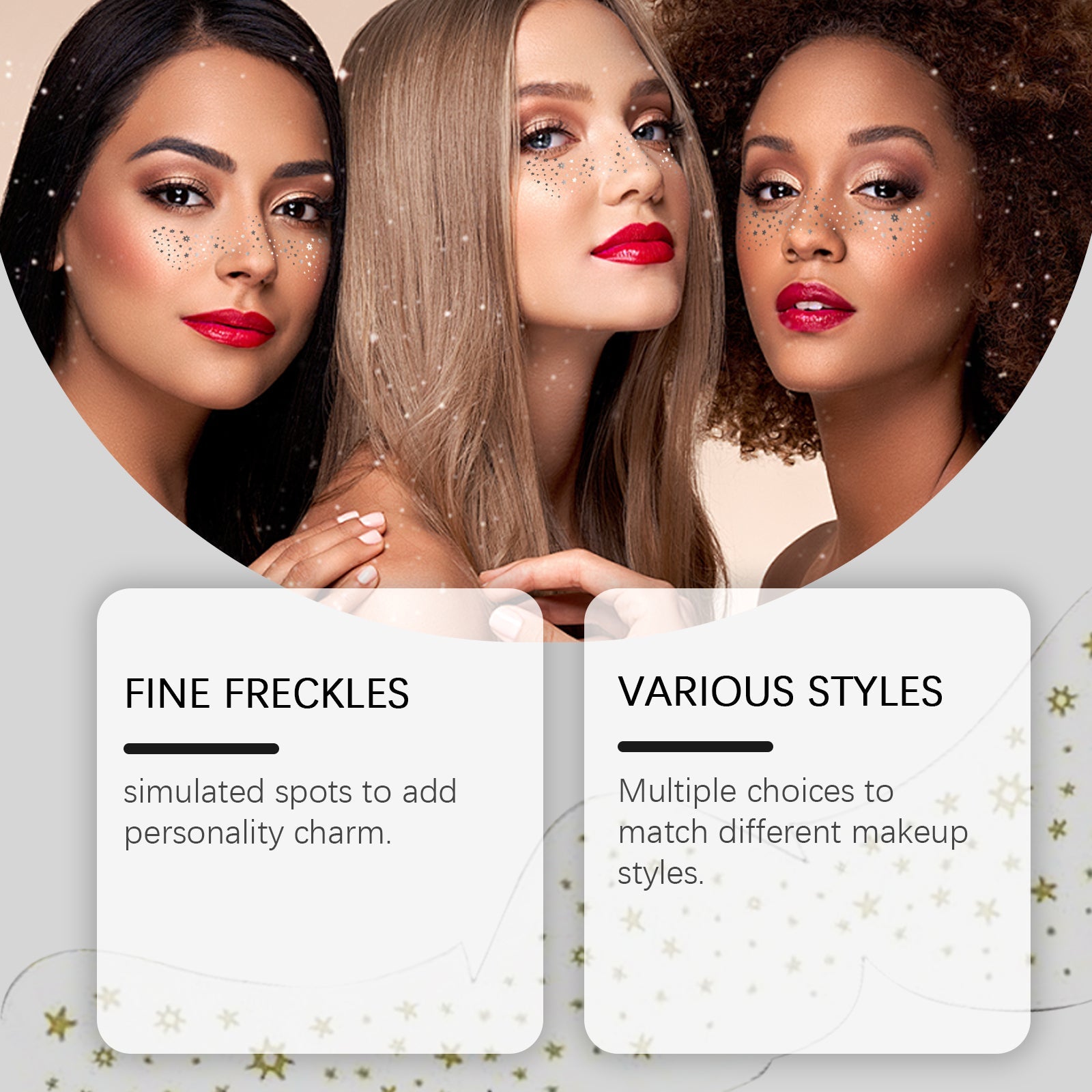 Split-screen lifestyle image: model's face before (left) with packaging, after (right) wearing completed glitter freckle makeup patches on cheekbones with copper eyeshadow