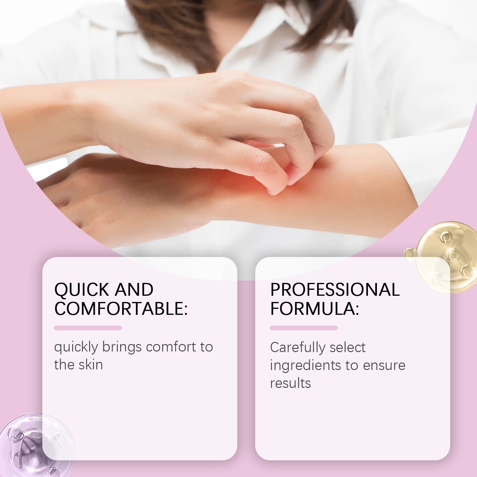 Close-up of hand applying clear gel to forearm with visible mosquito bite, showing texture and spreadability. Two information cards highlighting 'Quick and Comfortable' and 'Professional Formula'