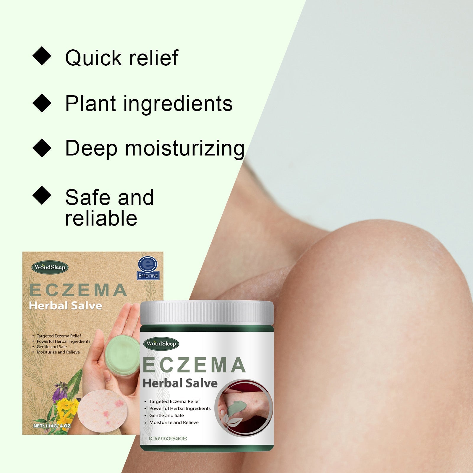Lifestyle image showing neck/shoulder area with visible eczema patches and redness in upper portion, with product packaging overlay