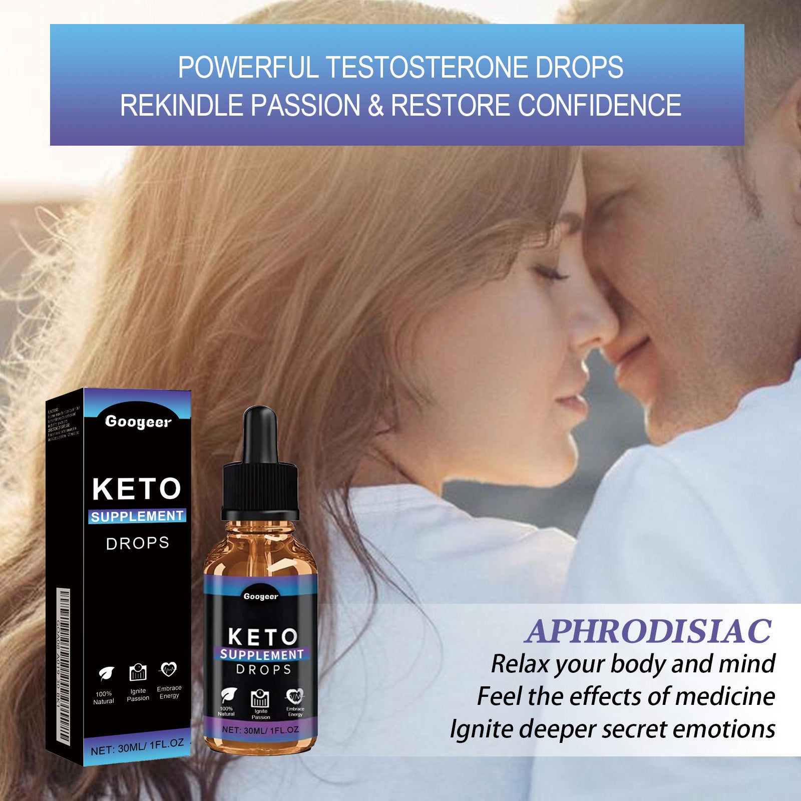 Intimate couple forehead-to-forehead with overlay text 'POWERFUL TESTOSTERONE DROPS REKINDLE PASSION & RESTORE CONFIDENCE' and 'APHRODISIAC' benefits messaging