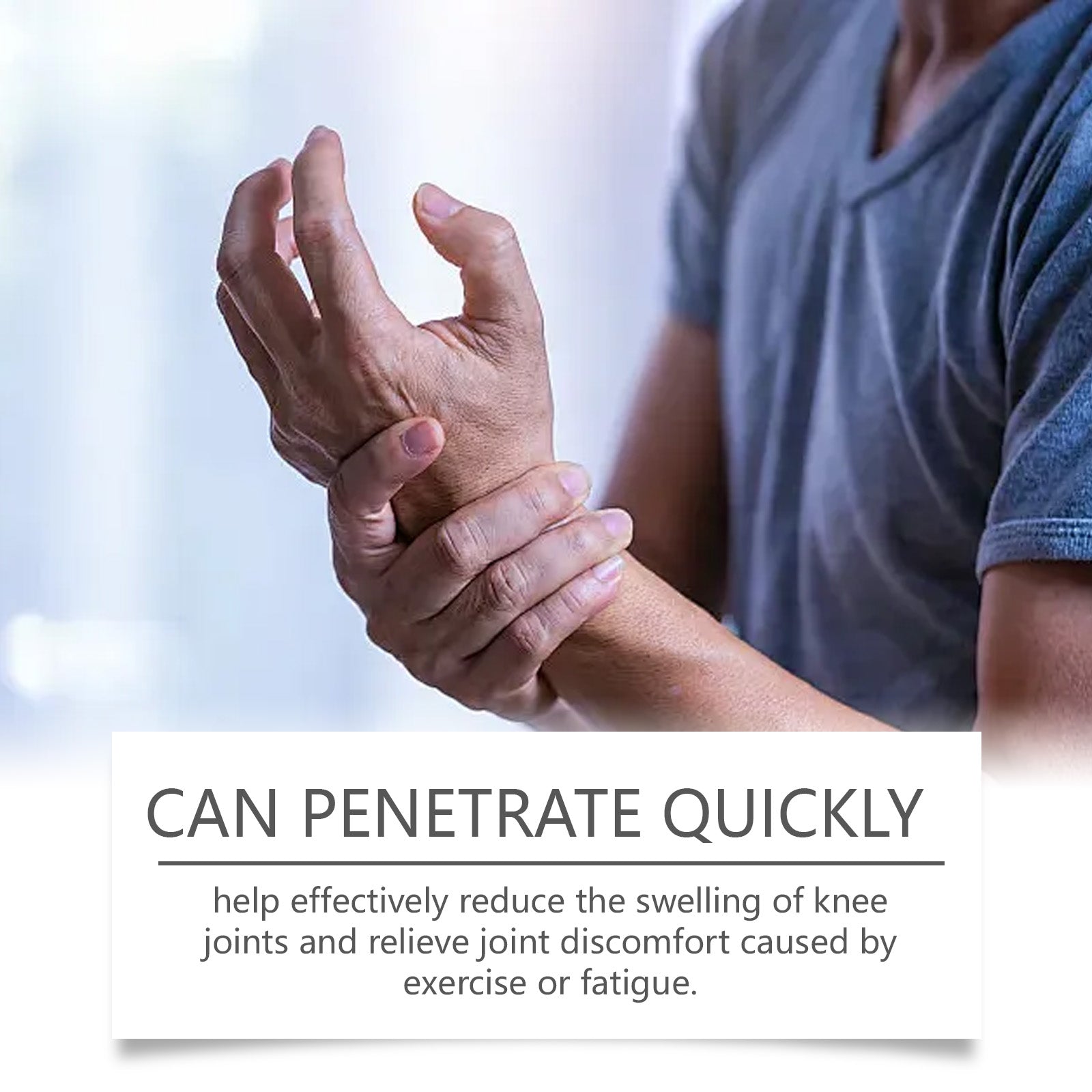 Adult male holding wrist showing joint discomfort with text 'Can Penetrate Quickly' and effectiveness claims
