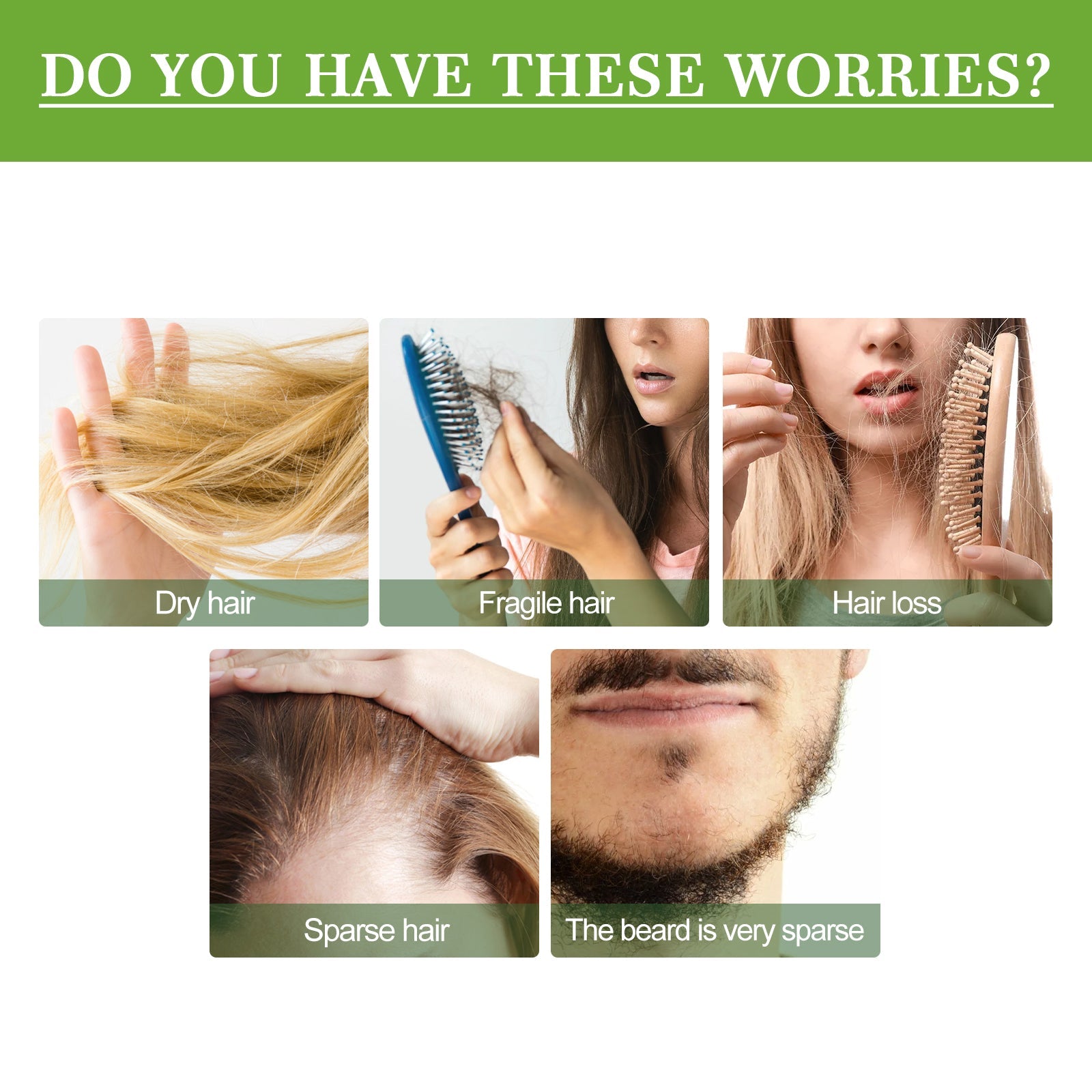 Lifestyle image featuring before/after scalp comparison and woman with glossy, thick brown hair holding and displaying product with box