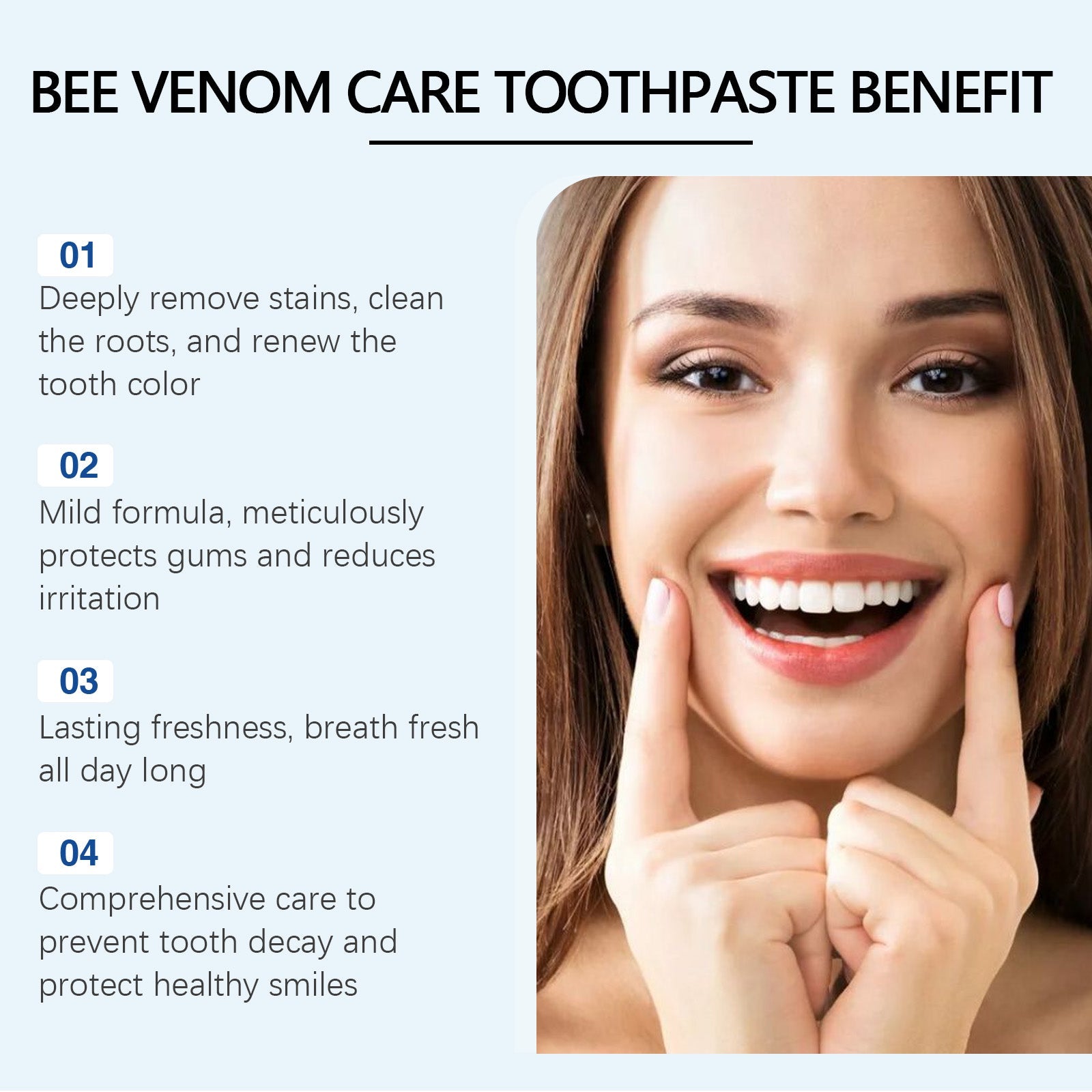 Benefit breakdown graphic showing four key claims with corresponding smiling woman imagery