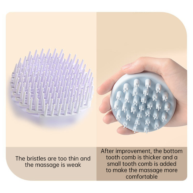 Comparison showing thin bristle version (left) versus improved thicker tooth comb design (right) with explanatory text