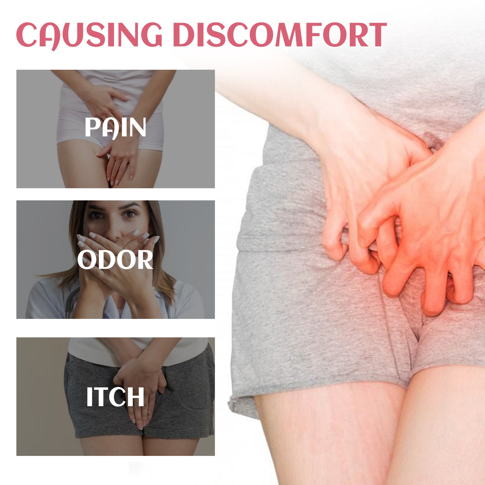 Educational infographic showing four pain points: pain, odor, itch, and intimate discomfort with visual demonstrations