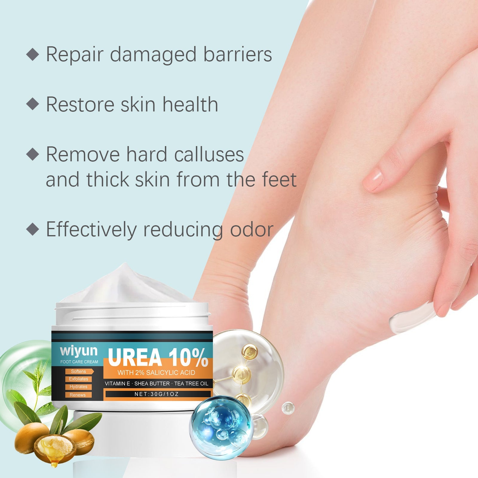 Detailed foot imagery with bullet points listing clinical benefits and visible ingredient capsules