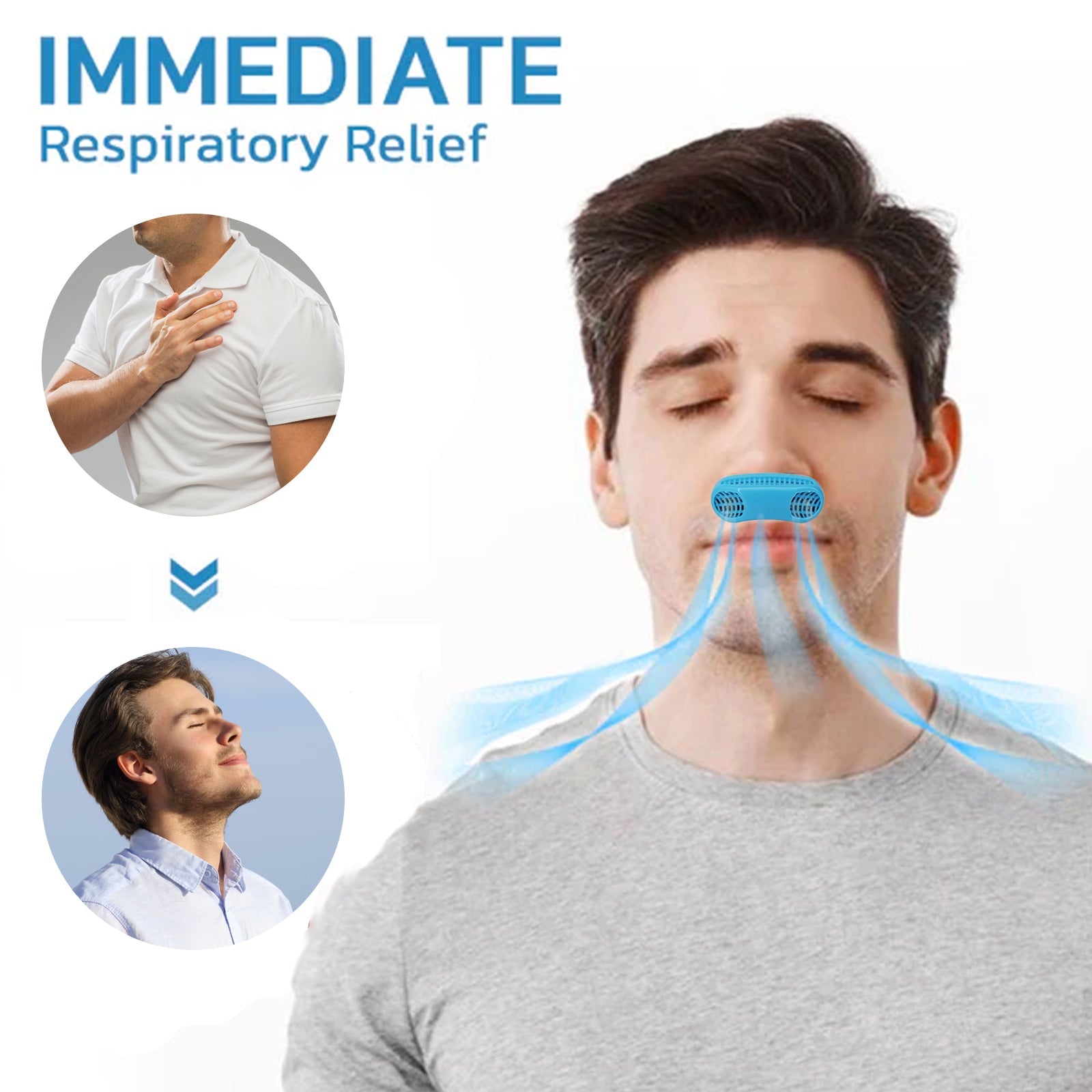 Man using device with visualization of respiratory airflow and before/after lifestyle comparisons