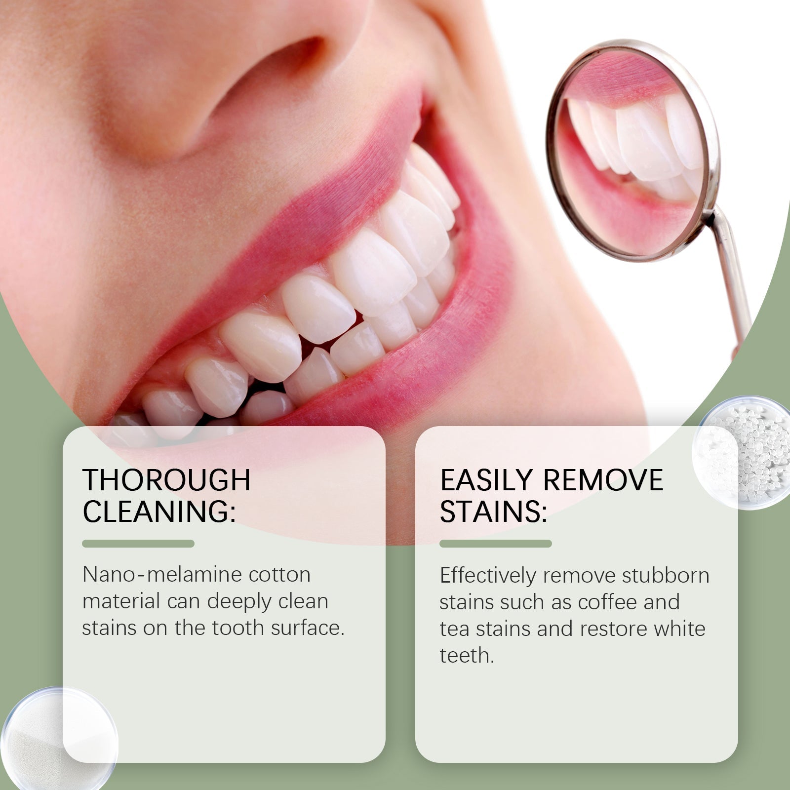 Close-up dental mirror showing tooth whiteness and detailed benefits text highlighting thorough cleaning and stain removal