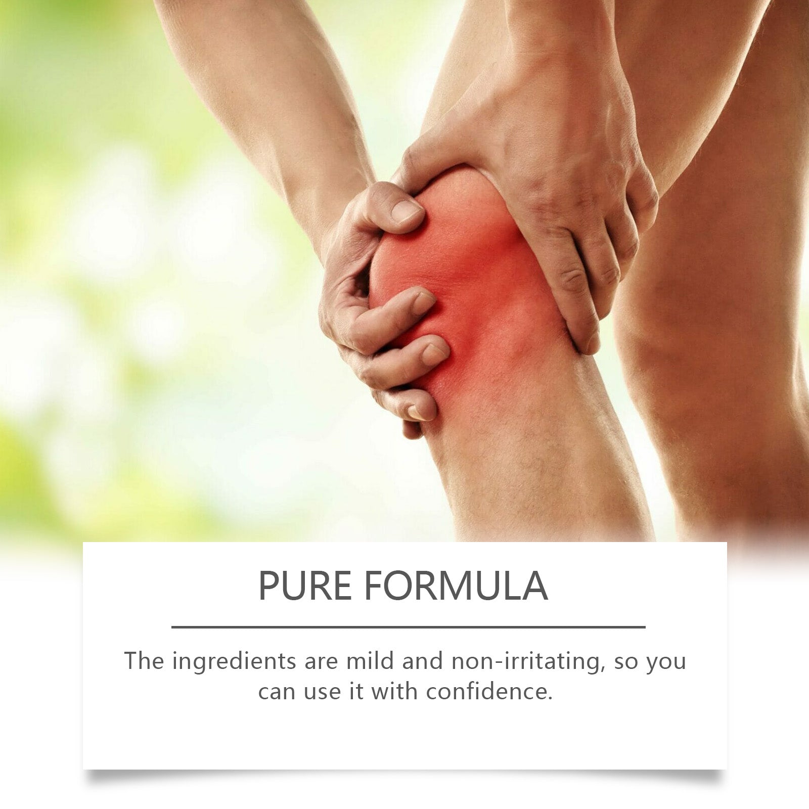 Hands holding inflamed knee with red pain area highlighted against natural outdoor background