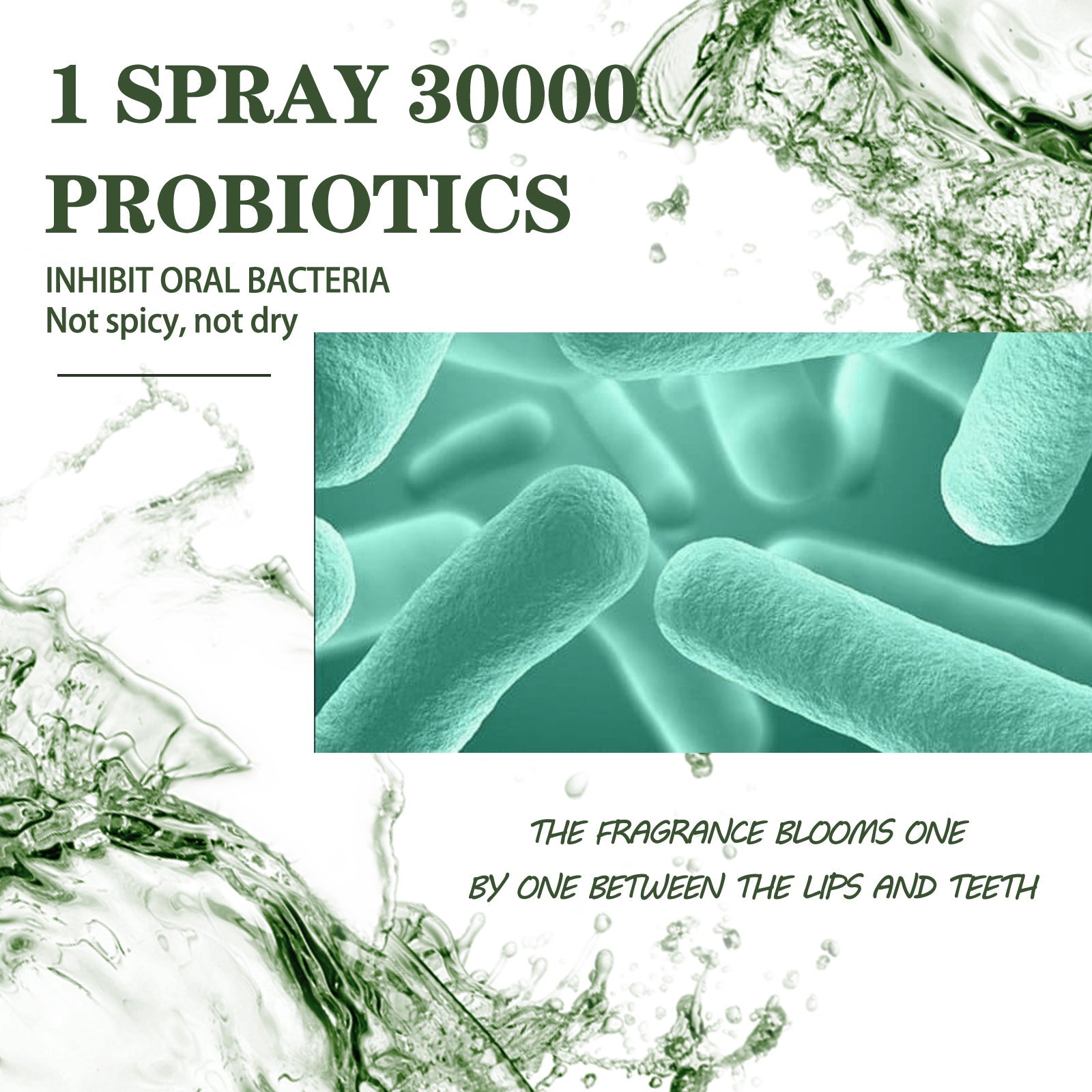 Scientific visualization of probiotics with text emphasizing 30000 probiotics and bacteria inhibition